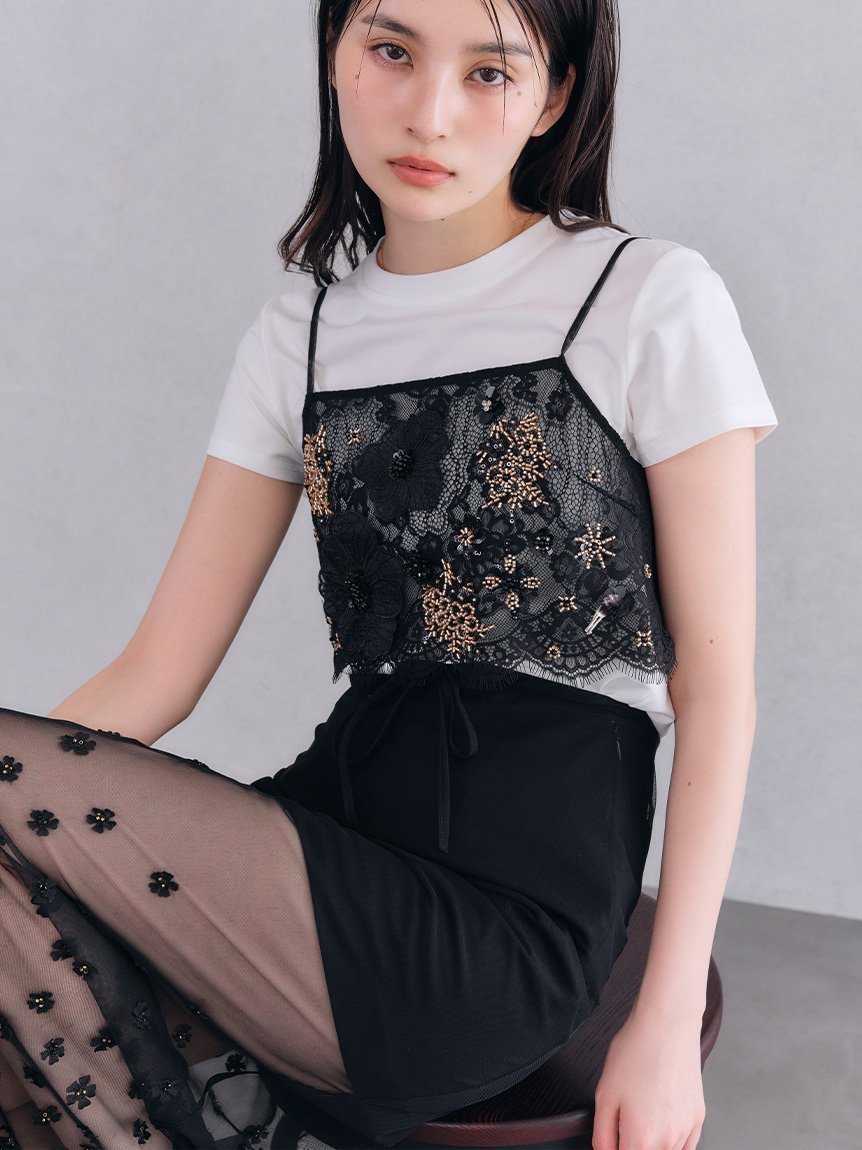 【リリーブラウン/Lily Brown】のL.B CANDY STOCK リメイクビスチェレイヤードカットソー インテリア・キッズ・メンズ・レディースファッション・服の通販 founy(ファニー) 　ファッション　Fashion　レディースファッション　Fashion for Women　トップス・カットソー　Cut & Sew Tops　カットソー・ベーシックTシャツ　Cut-and-Sewn Tops / Stretch Tees & Basics　ビスチェ　Bustiers & Corset Tops / Layered Bustier Style　キャミソール　Camisole, Spaghetti Strap Top　シンプル　Simple, Minimal　スマート　Smart, Elegant　デニム　Denim, Jeans Material　ビスチェ　Bustier, Corset Top　リメイク　Remake, Reconstructed　レース　Lace, Lace Fabric　夏　Summer　BLK[009]|ID: prp329100004830181 ipo3291000000035158248