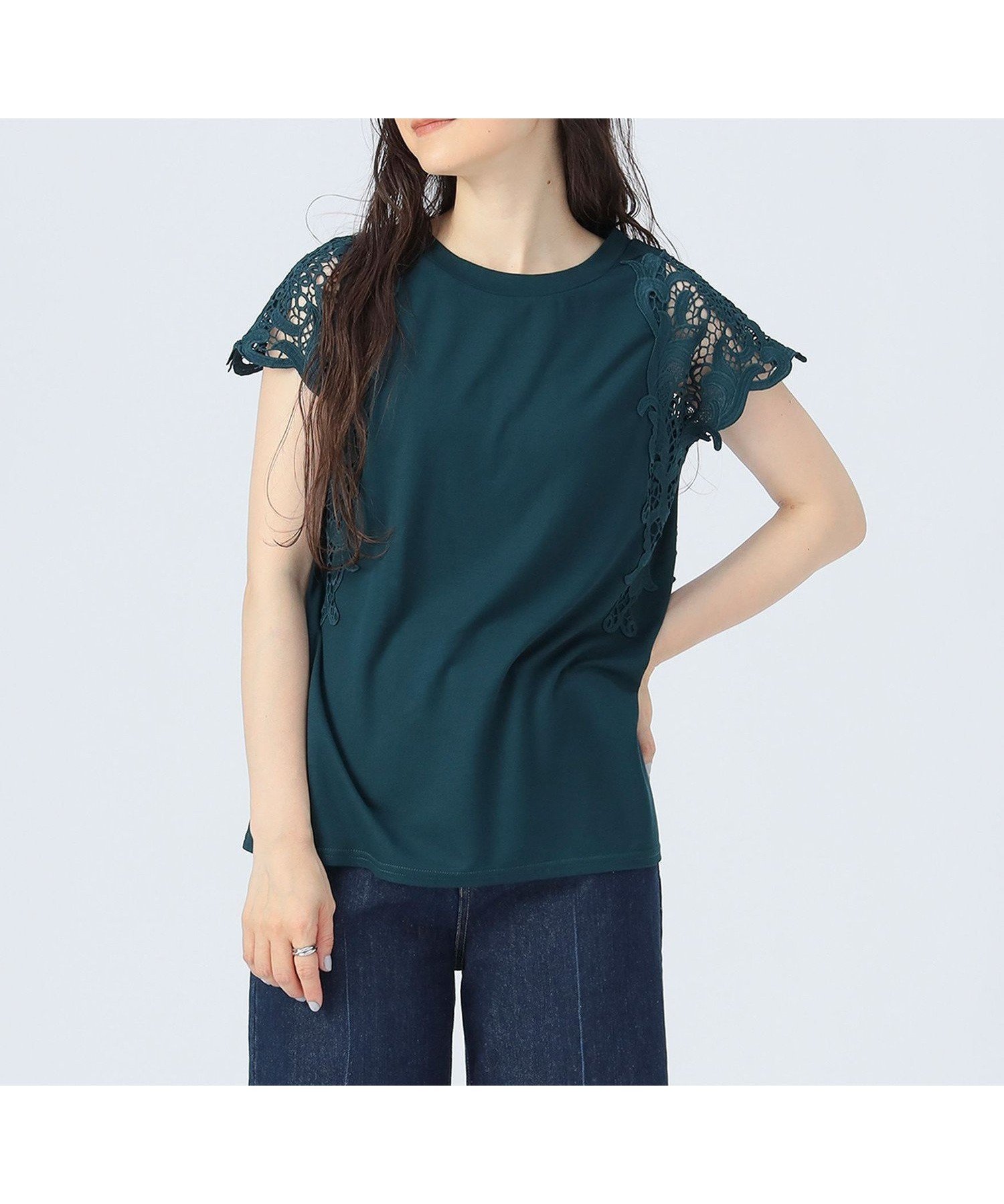【ビームス ハート/BEAMS HEART】のレース 袖コンビ Tシャツ インテリア・キッズ・メンズ・レディースファッション・服の通販 founy(ファニー) 　ファッション　Fashion　レディースファッション　Fashion for Women　トップス・カットソー　Cut & Sew Tops　シャツ・ブラウス・オフィスカジュアル　Elegant Blouses & Button-Ups　ロングTシャツ・Tシャツ　Longline T-Shirts & Tees　おすすめ　Recommended / Our Picks　カットソー　Cut and Sewn Top　コンビ　Combo, Combination Style　ストレート　Straight, Straight Cut　スラックス　Slacks, Dress Pants　タイトスカート　Pencil Skirt, Tight Skirt　デニム　Denim, Jeans Material　バランス　Balance, Style Balance　マニッシュ　Mannish, Boyish　ミックス　Mix, Mixed Style　レース　Lace, Lace Fabric　ワイド　Wide, Wide Fit　エレガント 上品　Elegant　半袖　Short Sleeve, Half Sleeve　DARK GREEN|ID: prp329100004830267 ipo3291000000035159093