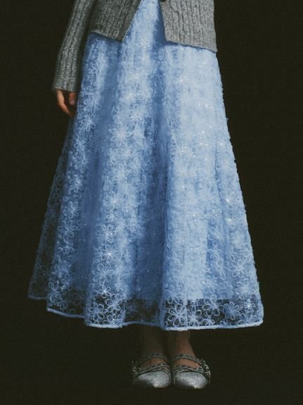 【ファーファー/FURFUR】の立体フラワーレーススカート インテリア・キッズ・メンズ・レディースファッション・服の通販 founy(ファニー) 　ファッション　Fashion　レディースファッション　Fashion for Women　スカート　Skirts　スパンコール　Sequins, Sequin Embellishment　スマート　Smart, Elegant　タフタ　Taffeta, Structured Fabric　ティアード　Tiered, Tiered Style　フラワー　Flower, Floral　モチーフ　Motif, Design Theme　SAX[083]|ID: prp329100004830362 ipo3291000000035160192