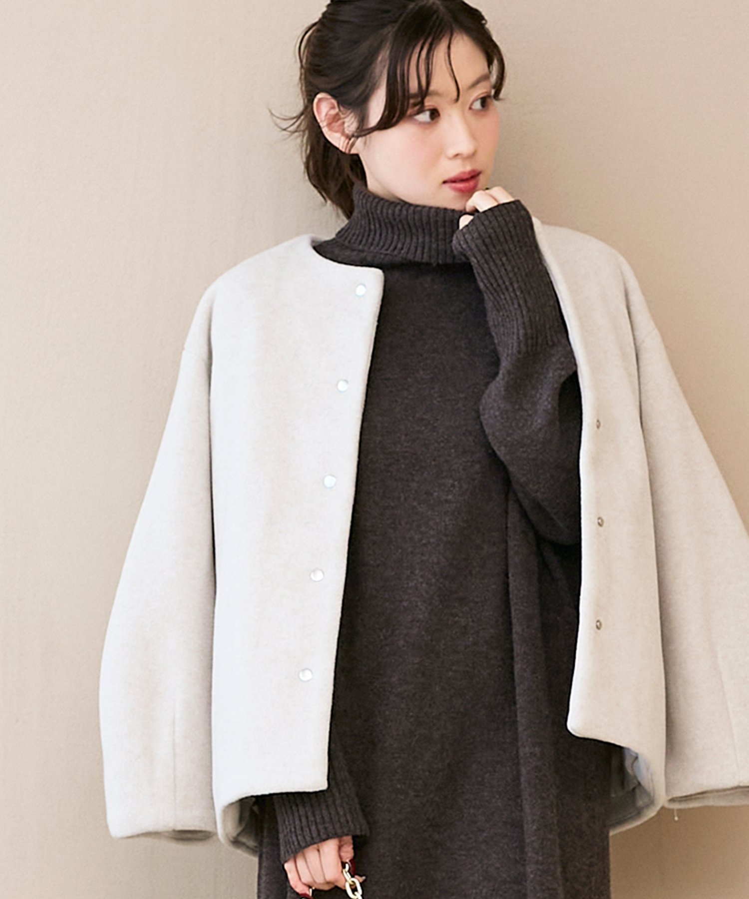 【ルクールブラン/le.coeur blanc】のノーカラーコクーンミドルコート 人気、トレンドファッション・服の通販 founy(ファニー) 　ファッション　Fashion　レディースファッション　Fashion for Women　アウター　Coat / Outerwear Collection　コート・ロングコート・ピーコート　Long Coats, Peacoats & More　ウェーブ　Wavy Pattern　コクーン　Cocoon, Cocoon Silhouette　タートルネック　Turtleneck, High Neck　ハイネック　High Neck, Mock Neck　マフラー　Scarf, Muffler　ミドル　Middle Length, Mid Height　エレガント 上品　Elegant　 other-1|ID: prp329100004830388 ipo3291000000035160505