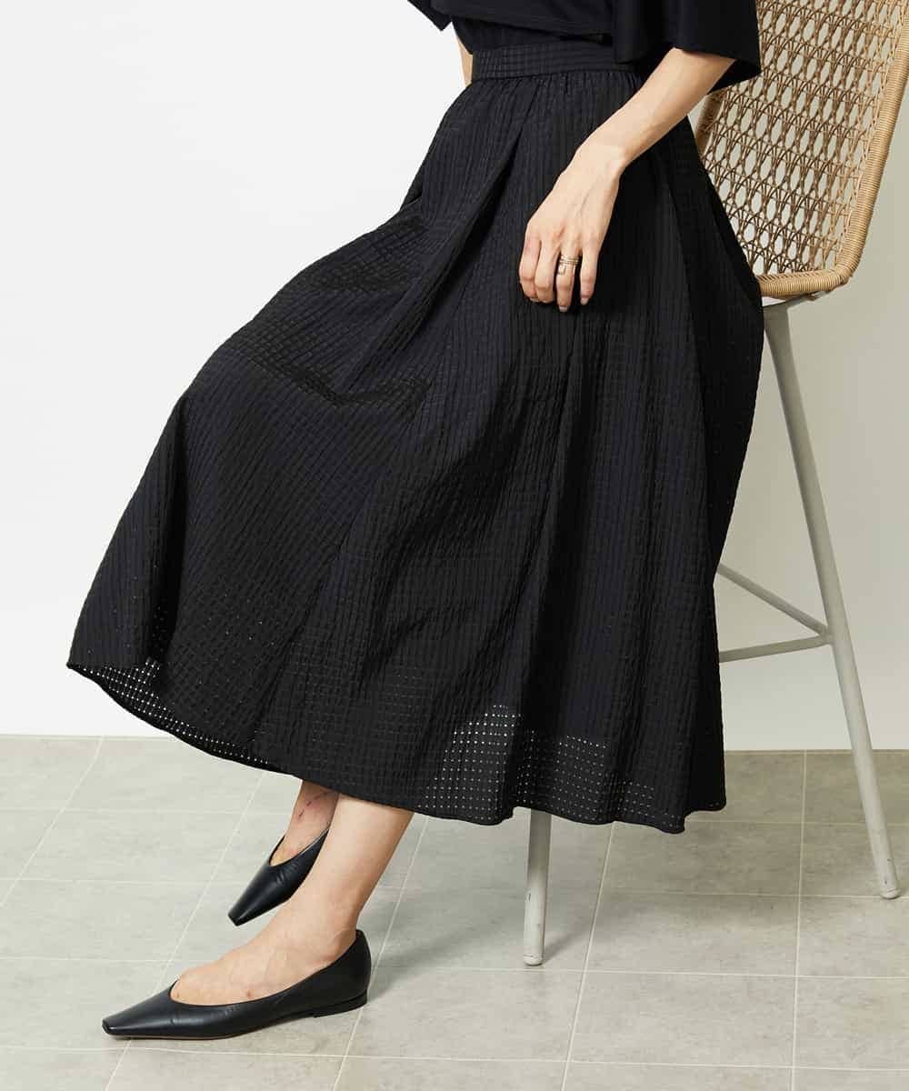 【ミッシェルクラン/MICHEL KLEIN】のセットアップ対応 トリオシアーチェックフレアスカート インテリア・キッズ・メンズ・レディースファッション・服の通販 founy(ファニー) 　ファッション　Fashion　レディースファッション　Fashion for Women　セットアップ　Matching Sets　スカート・ミニ/ミディ/マキシ　Skirts / Mini, Midi & Maxi Skirts　スカート　Skirts　Aライン・フレアスカート　A-Line & Flared Skirts　洗える　Machine Washable　カットソー　Cut and Sewn Top　シアー　Sheer, See-Through　シンプル　Simple, Minimal　スタイリッシュ　Stylish, Fashionable　セットアップ　Set-Up, Coordinated Outfit　ダウン　Down, Puffer　トレンド　Trend, Trending Now　バランス　Balance, Style Balance　フレア　Flare, Flared　ベーシック　Basic, Essential　ポケット　Pocket, Pocket Detail　再入荷　Restock / Back in Stock　夏　Summer　エレガント 上品　Elegant　ビジネス 仕事 通勤　Business / Work / Commuting　ブラック|ID: prp329100004830398 ipo3291000000035160643