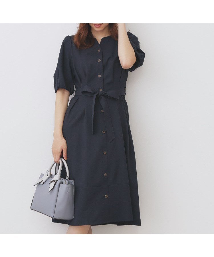 【インデックス/INDEX】のタックパフスリーブワンピース【洗濯機洗い可/イージーアイロン】 インテリア・キッズ・メンズ・レディースファッション・服の通販 founy(ファニー) 　ファッション　Fashion　レディースファッション　Fashion for Women　ワンピース　Dresses　エレガント 上品　Elegant　スマート　Smart, Elegant　バランス　Balance, Style Balance　フロント　Front, Front Design　ポケット　Pocket, Pocket Detail　リボン　Ribbon, Bow　切替　Switching, Contrast Panel　ネイビー|ID: prp329100004830407 ipo3291000000035160801