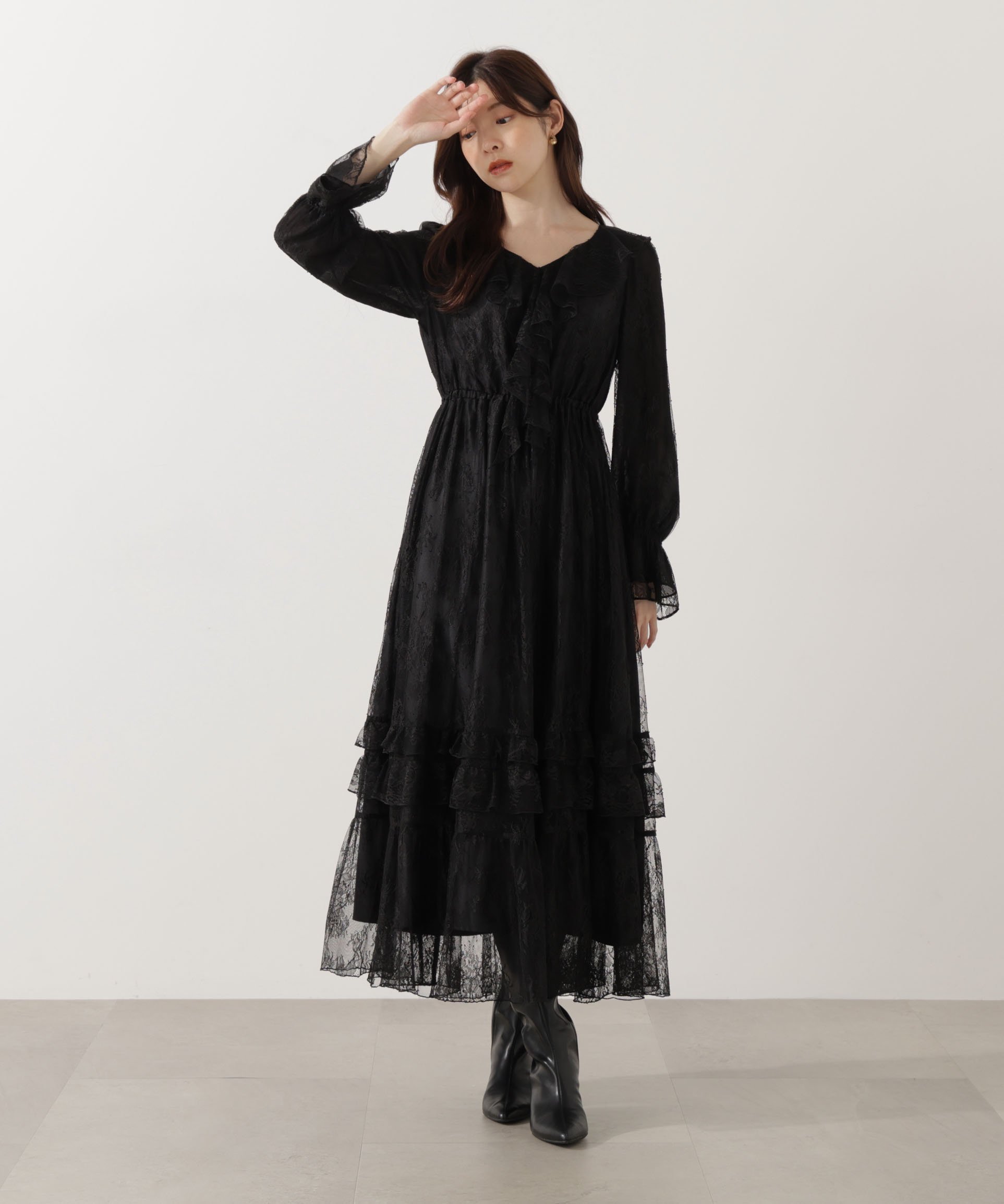 【プロポーション ボディドレッシング/PROPORTION BODY DRESSING】の《EDIT COLOGNE》レースフリルワンピース インテリア・キッズ・メンズ・レディースファッション・服の通販 founy(ファニー) 　ファッション　Fashion　レディースファッション　Fashion for Women　ワンピース　Dresses　ジャケット　Jacket, Outerwear　フリル　Frill, Ruffle　ブルゾン　Blouson, Bomber Jacket　レース　Lace, Lace Fabric　ブラック|ID: prp329100004830417 ipo3291000000035160961