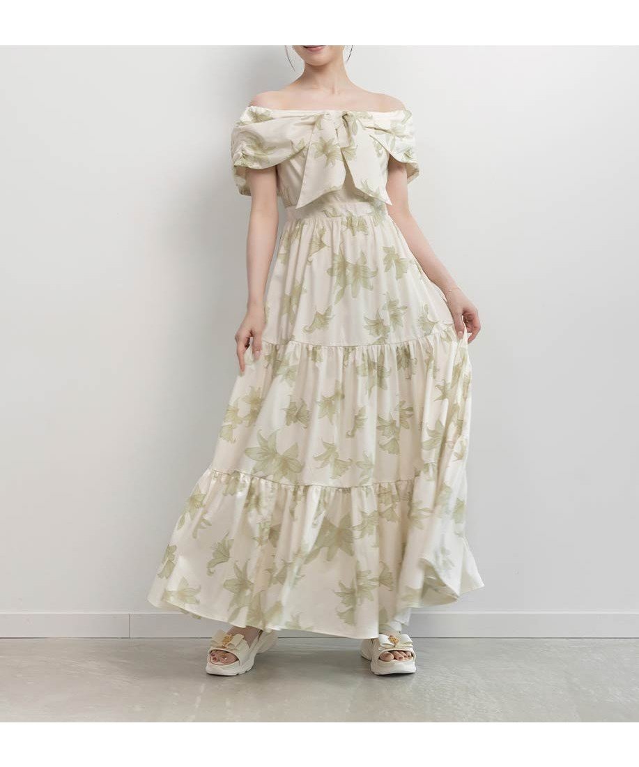 【ランダ/RANDA】のオフショルリボンライクフラワーワンピース インテリア・キッズ・メンズ・レディースファッション・服の通販 founy(ファニー) 　ファッション　Fashion　レディースファッション　Fashion for Women　ワンピース　Dresses　イエロー　Yellow　ギャザー　Gathered, Ruffled　コンパクト　Compact, Small Size　シャーリング　Shirring, Ruched　ティアード　Tiered, Tiered Style　フェミニン　Feminine, Girly　フラワー　Flower, Floral　リゾート　Resort, Vacation Style　リボン　Ribbon, Bow　おすすめ　Recommended / Our Picks　エレガント 上品　Elegant　YELLOW|ID: prp329100004830420 ipo3291000000035161044