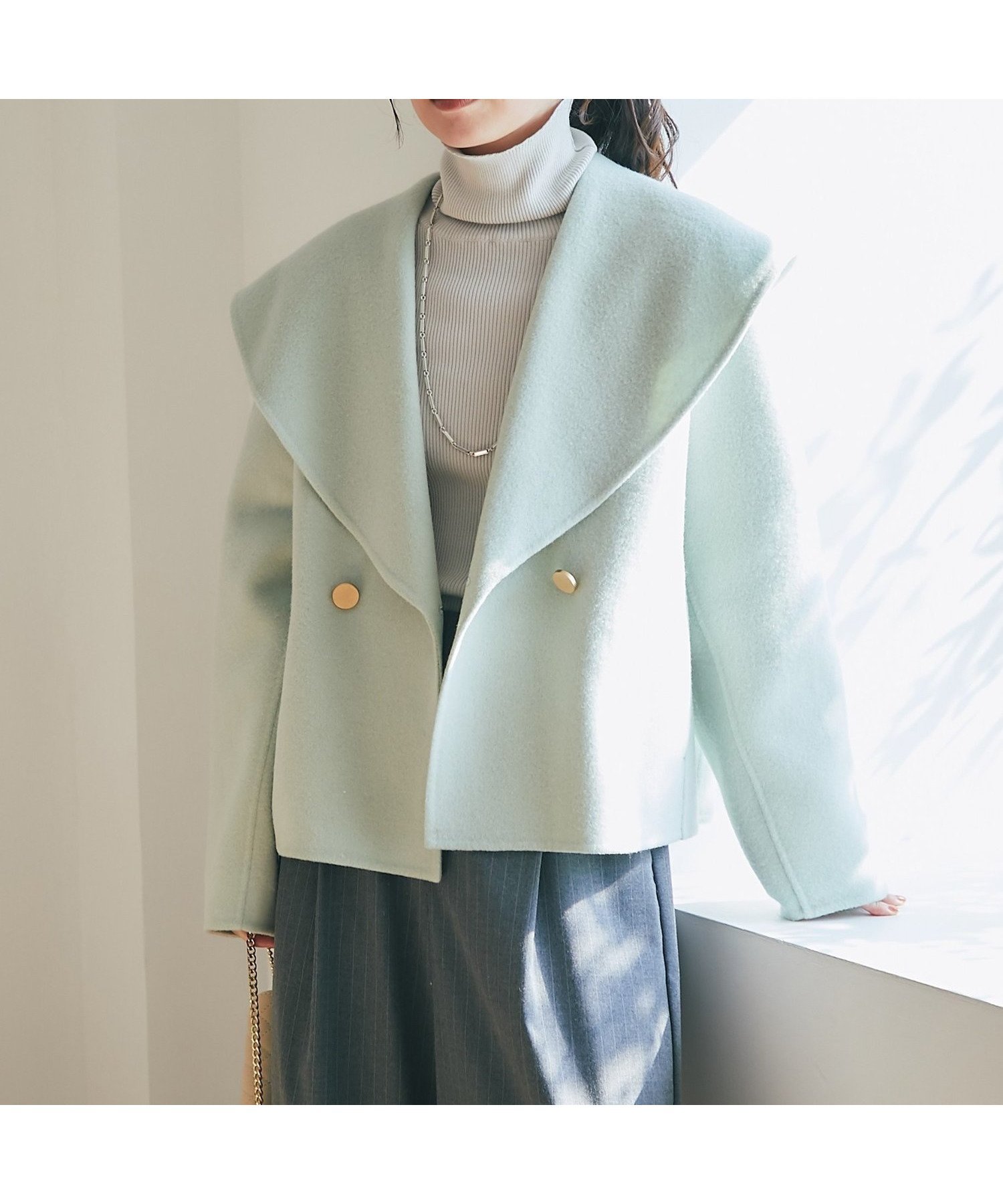 【ラブティックボンボン/La boutique BonBon】の【最強モテコート】ダブルフェイスショールカラーコート インテリア・キッズ・メンズ・レディースファッション・服の通販 founy(ファニー) 　ファッション　Fashion　レディースファッション　Fashion for Women　アウター　Coat / Outerwear Collection　コート・ロングコート・ピーコート　Long Coats, Peacoats & More　オーガンジー　Organza Fabric　ショート　Short, Short Length　ショール　Shawl, Wrap　シンプル　Simple, Minimal　ダブル　Double, Double-Breasted　デニム　Denim, Jeans Material　人気　Popular, Best Seller　バランス　Balance, Style Balance　フェイス　Face, Facial Design　フロント　Front, Front Design　ポケット　Pocket, Pocket Detail　ロング　Long, Long-Length　おすすめ　Recommended / Our Picks　ミント|ID: prp329100004830428 ipo3291000000035161152