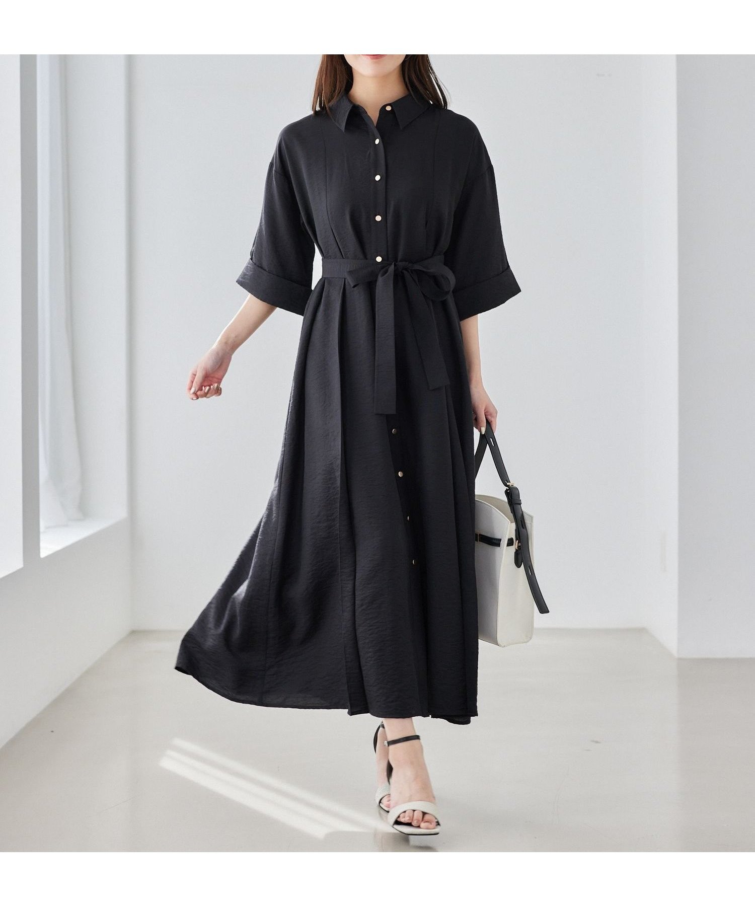 【アンデミュウ/Andemiu】の2WAYタック5分袖シャツワンピース インテリア・キッズ・メンズ・レディースファッション・服の通販 founy(ファニー) 　ファッション　Fashion　レディースファッション　Fashion for Women　ワンピース　Dresses　シャツワンピース / 1枚で着映えコーデ　Shirt Dresses　リボン　Ribbon, Bow　ループ　Loop, Loop Knit　ロング　Long, Long-Length　夏　Summer　秋　Autumn　ブラック|ID: prp329100004830442 ipo3291000000035161398