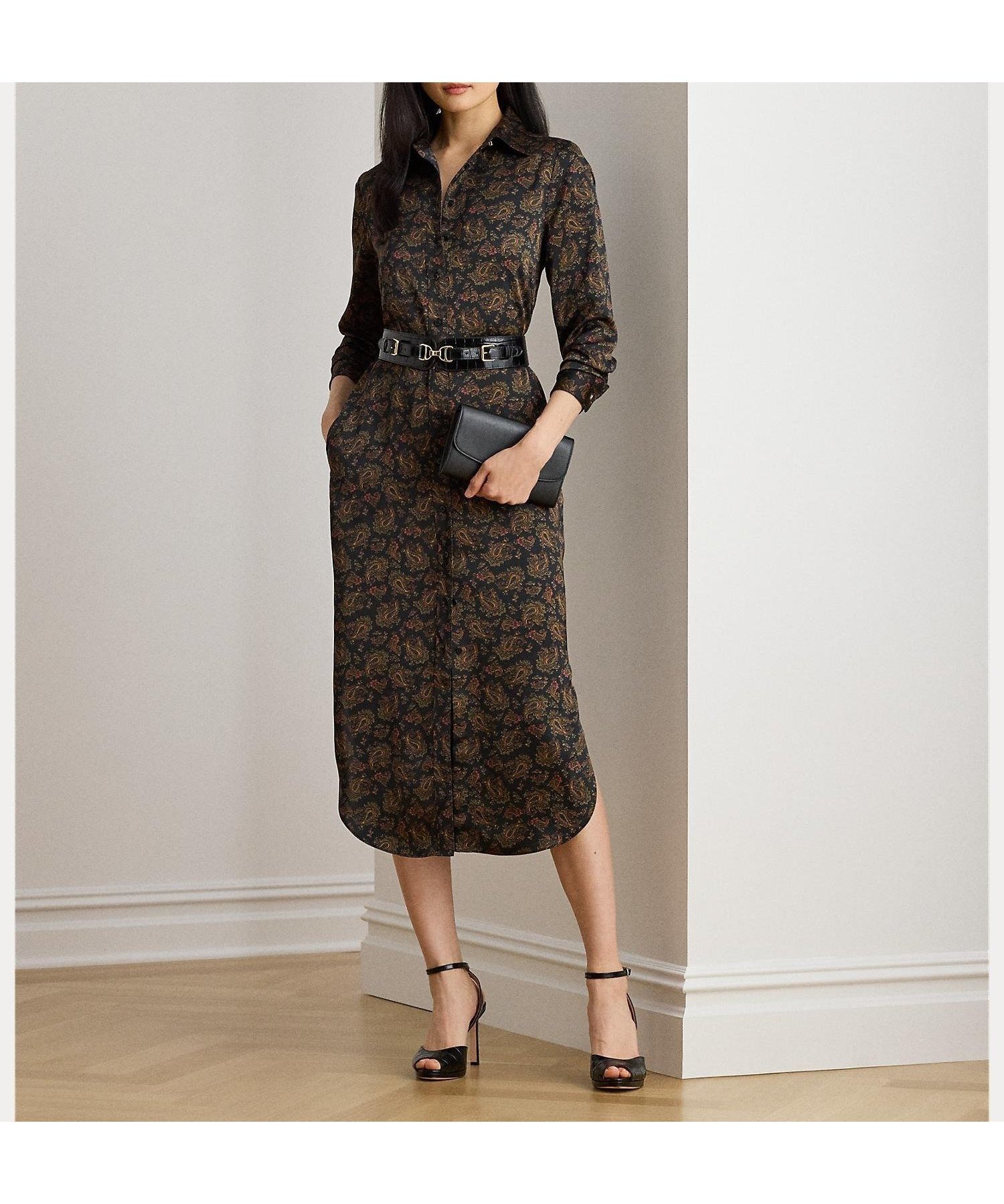 【ラルフローレン/RALPH LAUREN】のペイズリー シャルムーズ シャツドレス インテリア・キッズ・メンズ・レディースファッション・服の通販 founy(ファニー) 　ファッション　Fashion　レディースファッション　Fashion for Women　トップス・カットソー　Cut & Sew Tops　シャツ・ブラウス・オフィスカジュアル　Elegant Blouses & Button-Ups　ワンピース　Dresses　フォーマル・パーティードレス・結婚式用ドレス　Elegant & Casual Dresses　カフス　Cuff Design　ストレート　Straight, Straight Cut　ドレス　Dress, One-Piece　フィット　Fit, Slim Fit　ペイズリー　Paisley, Ethnic Pattern　メタル　Metal, Metal Parts　ヨーク　Yoke, Yoke Design　ラウンド　Round, Round Neck　ループ　Loop, Loop Knit　長袖　Long Sleeve, Full Sleeve　001ブラック|ID: prp329100004830503 ipo3291000000035162685