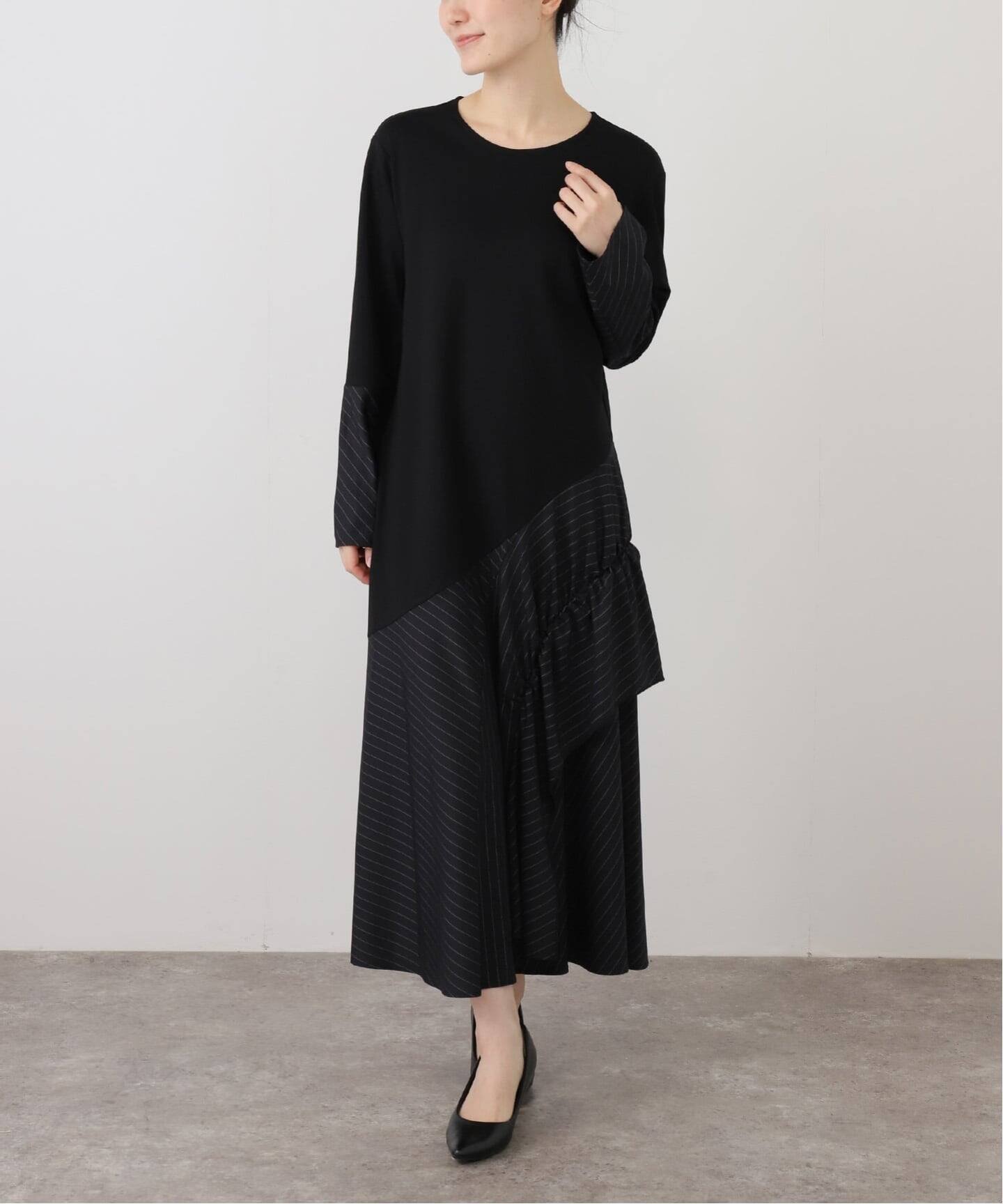 【ラ トータリテ/La TOTALITE】の【洗える】MARECHAL TERRE/マルシャルテル ランダムストライプワンピース インテリア・キッズ・メンズ・レディースファッション・服の通販 founy(ファニー) 　ファッション　Fashion　レディースファッション　Fashion for Women　ワンピース　Dresses　スマート　Smart, Elegant　リアル　Real, Realistic　洗える　Machine Washable　ブラック|ID: prp329100004830508 ipo3291000000035162746