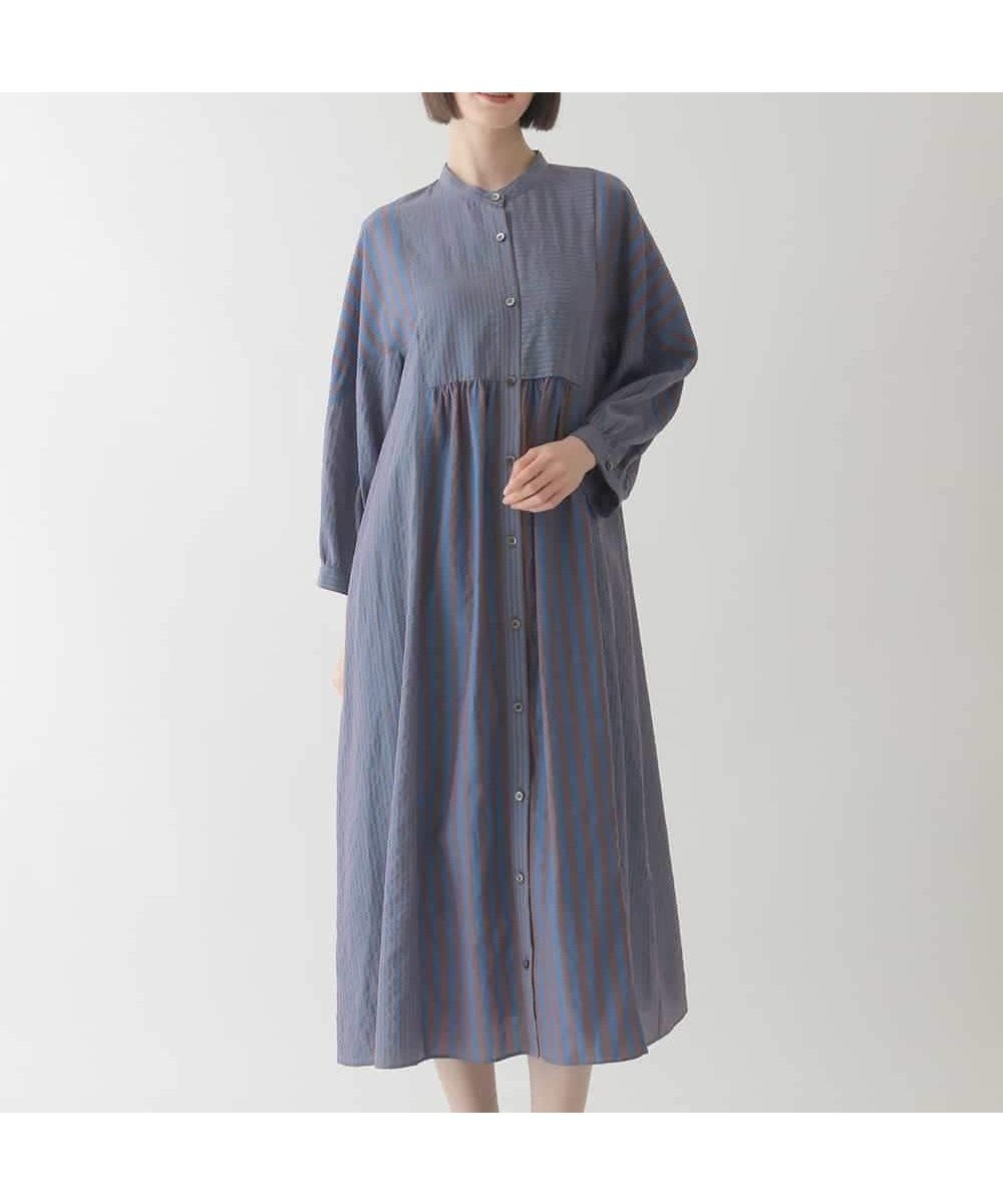 【ヒロコビス/HIROKO BIS】のストライプパターン切り替えデザインワンピース /洗える インテリア・キッズ・メンズ・レディースファッション・服の通販 founy(ファニー) 　ファッション　Fashion　レディースファッション　Fashion for Women　ワンピース　Dresses　おすすめ　Recommended / Our Picks　アンダー　Underwear Essentials　イレギュラー　Irregular Design　エレガント 上品　Elegant　ギャザー　Gathered, Ruffled　シンプル　Simple, Minimal　ジャケット　Jacket, Outerwear　ストライプ　Stripe, Striped Pattern　デニム　Denim, Jeans Material　パターン　Pattern, Design Print　フロント　Front, Front Design　今季　This Season, Current Season　洗える　Machine Washable　ブルー×ブラウン|ID: prp329100004830517 ipo3291000000035162943