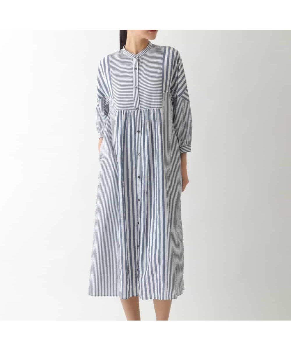 【ヒロコビス/HIROKO BIS】のストライプパターン切り替えデザインワンピース /洗える インテリア・キッズ・メンズ・レディースファッション・服の通販 founy(ファニー) 　ファッション　Fashion　レディースファッション　Fashion for Women　ワンピース　Dresses　おすすめ　Recommended / Our Picks　アンダー　Underwear Essentials　イレギュラー　Irregular Design　エレガント 上品　Elegant　ギャザー　Gathered, Ruffled　シンプル　Simple, Minimal　ジャケット　Jacket, Outerwear　ストライプ　Stripe, Striped Pattern　デニム　Denim, Jeans Material　パターン　Pattern, Design Print　フロント　Front, Front Design　今季　This Season, Current Season　洗える　Machine Washable　ホワイト×ネイビー|ID: prp329100004830517 ipo3291000000035162944
