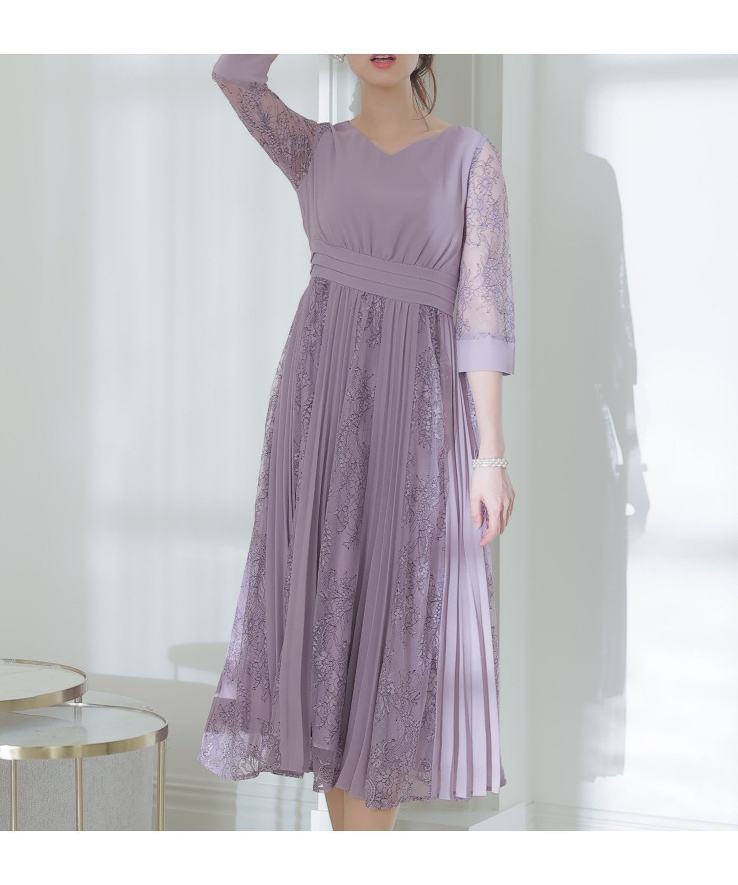 【プールヴー/PourVous】のプリーツフレアワンピース結婚式オケージョンドレス同窓会パーティードレスお呼ばれ インテリア・キッズ・メンズ・レディースファッション・服の通販 founy(ファニー) 　ファッション　Fashion　レディースファッション　Fashion for Women　ワンピース　Dresses　フォーマル・パーティードレス・結婚式用ドレス　Elegant & Casual Dresses　おすすめ　Recommended / Our Picks　エレガント 上品　Elegant　オケージョン　Occasion Wear　シフォン　Chiffon, Lightweight Fabric　セレモニー　Ceremony　ドレス　Dress, One-Piece　プリーツ　Pleats, Pleated　ミックス　Mix, Mixed Style　レース　Lace, Lace Fabric　ロング　Long, Long-Length　二次会　After Party　結婚式　Wedding　ラベンダー|ID: prp329100004830537 ipo3291000000035163242