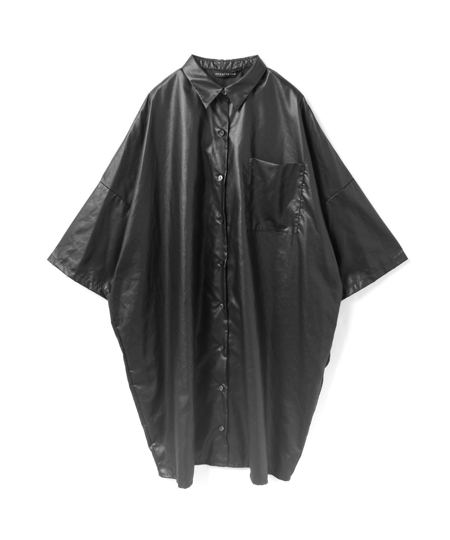 【マーコート/MARcourt】のmizuiro ind グロッシーワイドハーフスリーブシャツワンピース インテリア・キッズ・メンズ・レディースファッション・服の通販 founy(ファニー) 　ファッション　Fashion　レディースファッション　Fashion for Women　ワンピース　Dresses　シャツワンピース / 1枚で着映えコーデ　Shirt Dresses　オイル　Body Oil　ベーシック　Basic, Essential　ポケット　Pocket, Pocket Detail　レギュラー　Regular, Standard Fit　ワイド　Wide, Wide Fit　定番　Standard, Basic Item　無地　Plain, Solid Color　ブラック|ID: prp329100004830541 ipo3291000000035163282