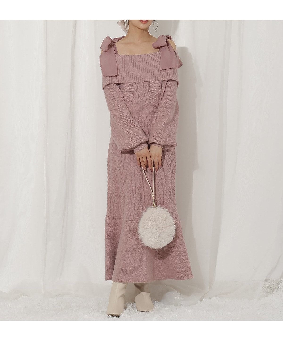 【ウィルセレクション/WILLSELECTION】の肩リボンケーブルニットワンピース インテリア・キッズ・メンズ・レディースファッション・服の通販 founy(ファニー) 　ファッション　Fashion　レディースファッション　Fashion for Women　ワンピース　Dresses　ニットワンピース　Knit Dresses　おすすめ　Recommended / Our Picks　シアー　Sheer, See-Through　フィット　Fit, Slim Fit　マーメイド　Mermaid, Fishtail Silhouette　リボン　Ribbon, Bow　ロング　Long, Long-Length　エレガント 上品　Elegant　ピンク|ID: prp329100004830561 ipo3291000000035163555
