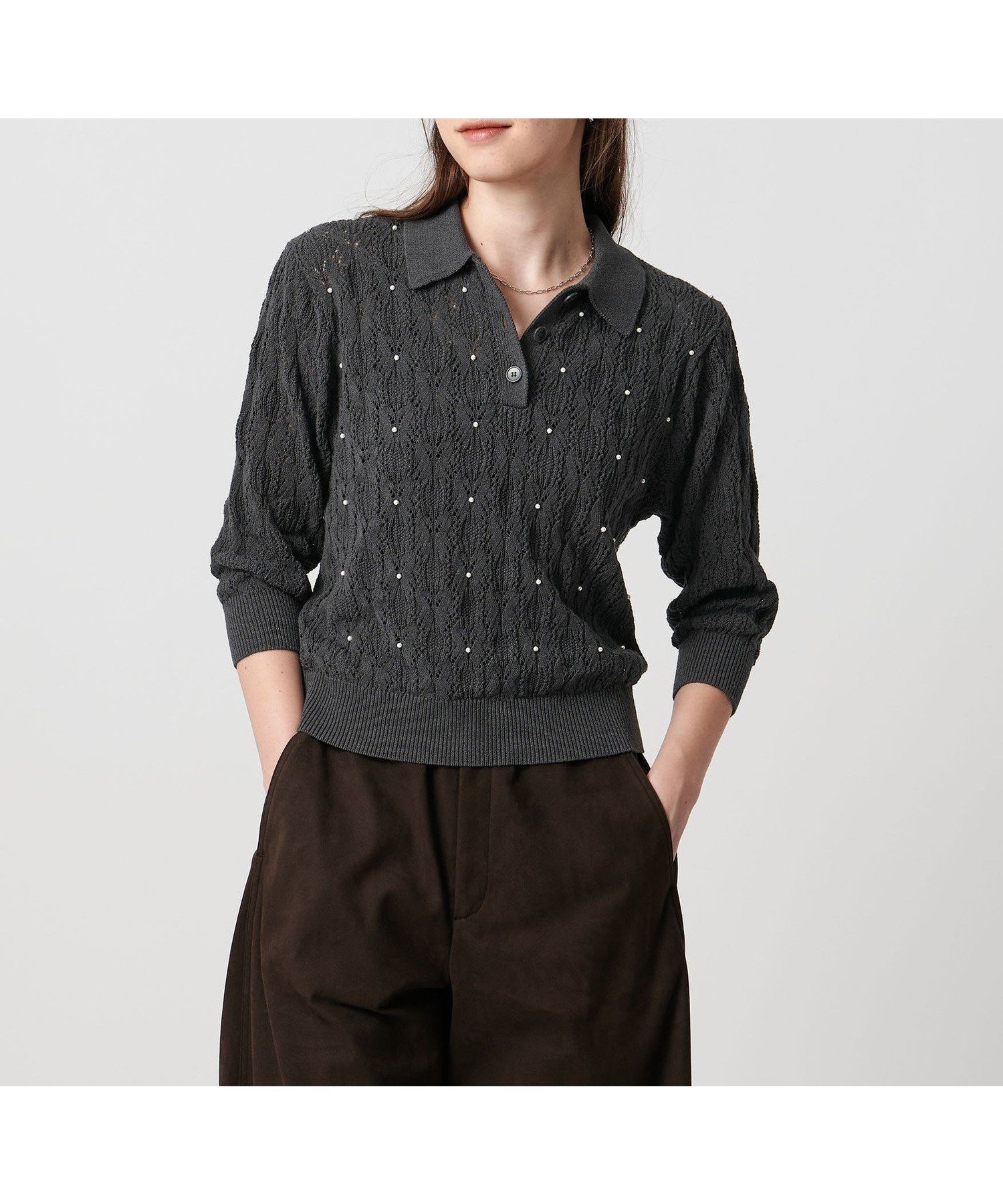 【ユナイテッドアローズ/UNITED ARROWS】のフェイクパール レース プルオーバー ニット ウォッシャブル インテリア・キッズ・メンズ・レディースファッション・服の通販 founy(ファニー) 　ファッション　Fashion　レディースファッション　Fashion for Women　トップス・カットソー　Cut & Sew Tops　ニット　Knit Tops & Sweaters　カジュアルプルオーバー・ニットトップス　Pullovers & Knit Tops / Casual Pullovers　ウォッシャブル　Machine Washable　エレガント 上品　Elegant　カーディガン　Cardigan, Knitwear　デニム　Denim, Jeans Material　ベロア　Velour, Soft Velvet　レース　Lace, Lace Fabric　DK.GRAY|ID: prp329100004830569 ipo3291000000035163676