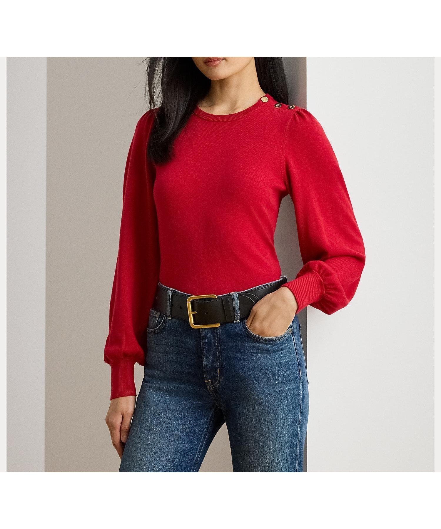 【ラルフローレン/RALPH LAUREN】のボタントリム パフスリーブ セーター インテリア・キッズ・メンズ・レディースファッション・服の通販 founy(ファニー) 　ファッション　Fashion　レディースファッション　Fashion for Women　エレガント 上品　Elegant　スリーブ　Sleeve, Long Sleeve / Short Sleeve　セーター　Sweater, Knitwear　長袖　Long Sleeve, Full Sleeve　フィット　Fit, Slim Fit　メタル　Metal, Metal Parts　リラックス　Relax, Relaxed Fit　620レッド|ID: prp329100004830581 ipo3291000000035163892