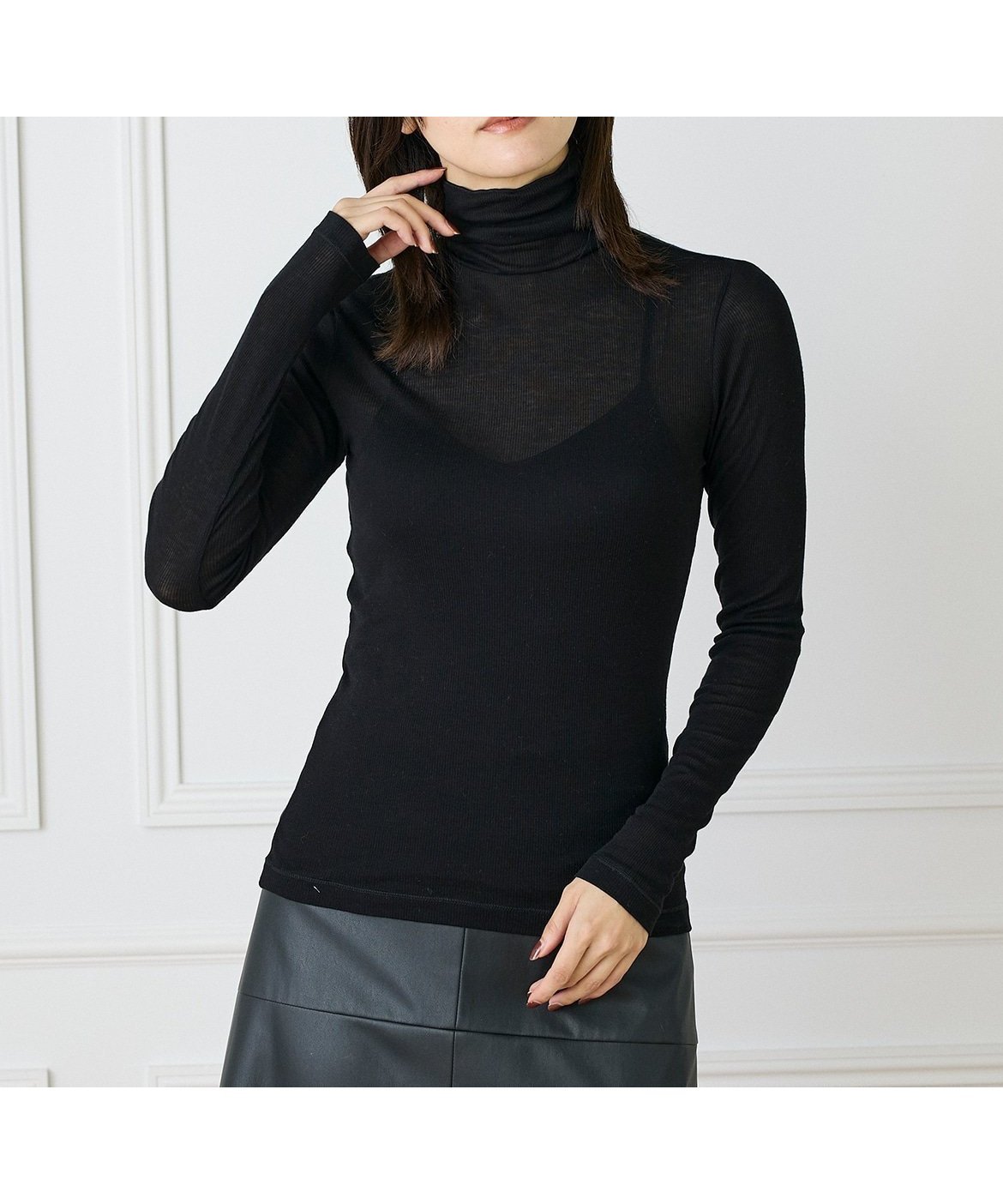 【イネド/INED】のハイネックロングTシャツ インテリア・キッズ・メンズ・レディースファッション・服の通販 founy(ファニー) 　ファッション　Fashion　レディースファッション　Fashion for Women　トップス・カットソー　Cut & Sew Tops　シャツ・ブラウス・オフィスカジュアル　Elegant Blouses & Button-Ups　ロングTシャツ・Tシャツ　Longline T-Shirts & Tees　コンパクト　Compact, Small Size　シアー　Sheer, See-Through　スマート　Smart, Elegant　スーピマ　Supima, Premium Cotton　テレコ　Ribbed, Rib Stitch　ハイネック　High Neck, Mock Neck　ロング　Long, Long-Length　ブラック|ID: prp329100004830597 ipo3291000000035164105