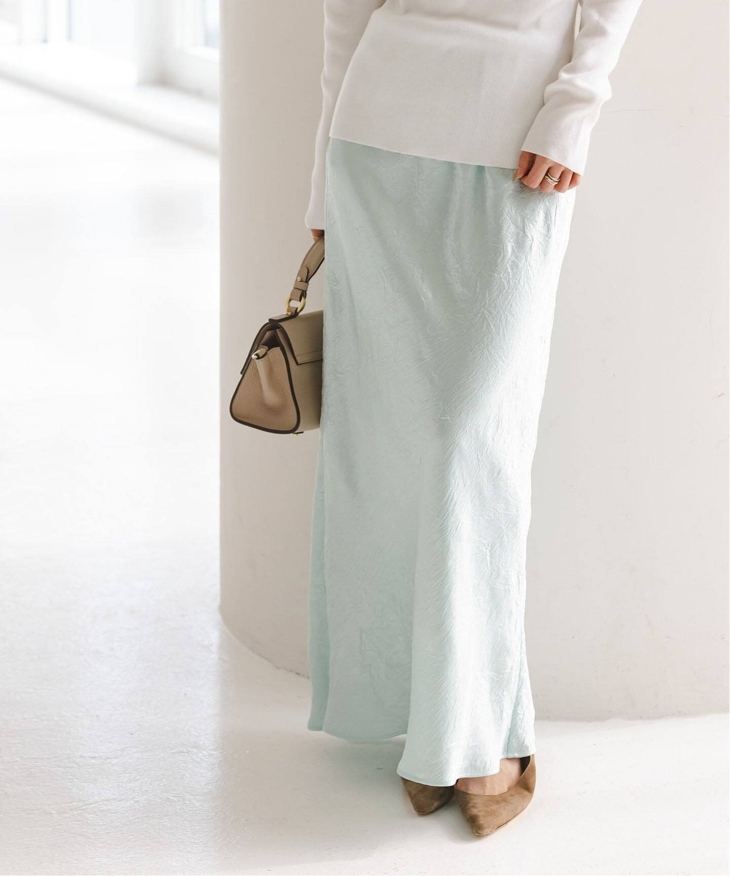 【ノーブル / スピック&スパン/NOBLE / Spick & Span】のリンクルサテンナローAラインスカート インテリア・キッズ・メンズ・レディースファッション・服の通販 founy(ファニー) 　ファッション　Fashion　レディースファッション　Fashion for Women　スカート　Skirts　Aライン・フレアスカート　A-Line & Flared Skirts　サテン　Satin, Glossy Fabric　シンプル　Simple, Minimal　セットアップ　Set-Up, Coordinated Outfit　タンク　Tank Top, Sleeveless Top　バイアス　Bias, Diagonal Cut　エレガント 上品　Elegant　ブルー A|ID: prp329100004830822 ipo3291000000035167194