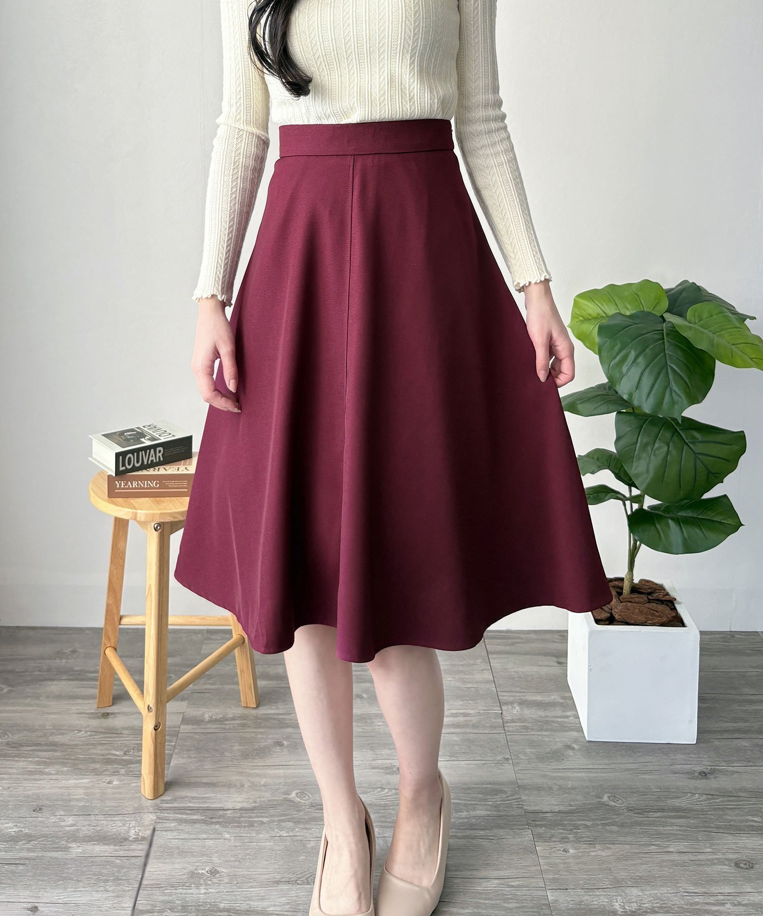 【アミュレット/Amulet】の【Amulet】ひざ丈Aラインスカート インテリア・キッズ・メンズ・レディースファッション・服の通販 founy(ファニー) 　ファッション　Fashion　レディースファッション　Fashion for Women　スカート　Skirts　Aライン・フレアスカート　A-Line & Flared Skirts　カーディガン　Cardigan, Knitwear　サンダル　Sandals, Summer Shoes　ショート　Short, Short Length　シンプル　Simple, Minimal　バランス　Balance, Style Balance　フィット　Fit, Slim Fit　エレガント 上品　Elegant　夏　Summer　春　Spring　S/S・春夏　SS, Spring/Summer, Warm Season　無地　Plain, Solid Color　A/W・秋冬　Autumn/Winter　ビジネス 仕事 通勤　Business / Work / Commuting　ボルドー|ID: prp329100004830838 ipo3291000000035167373