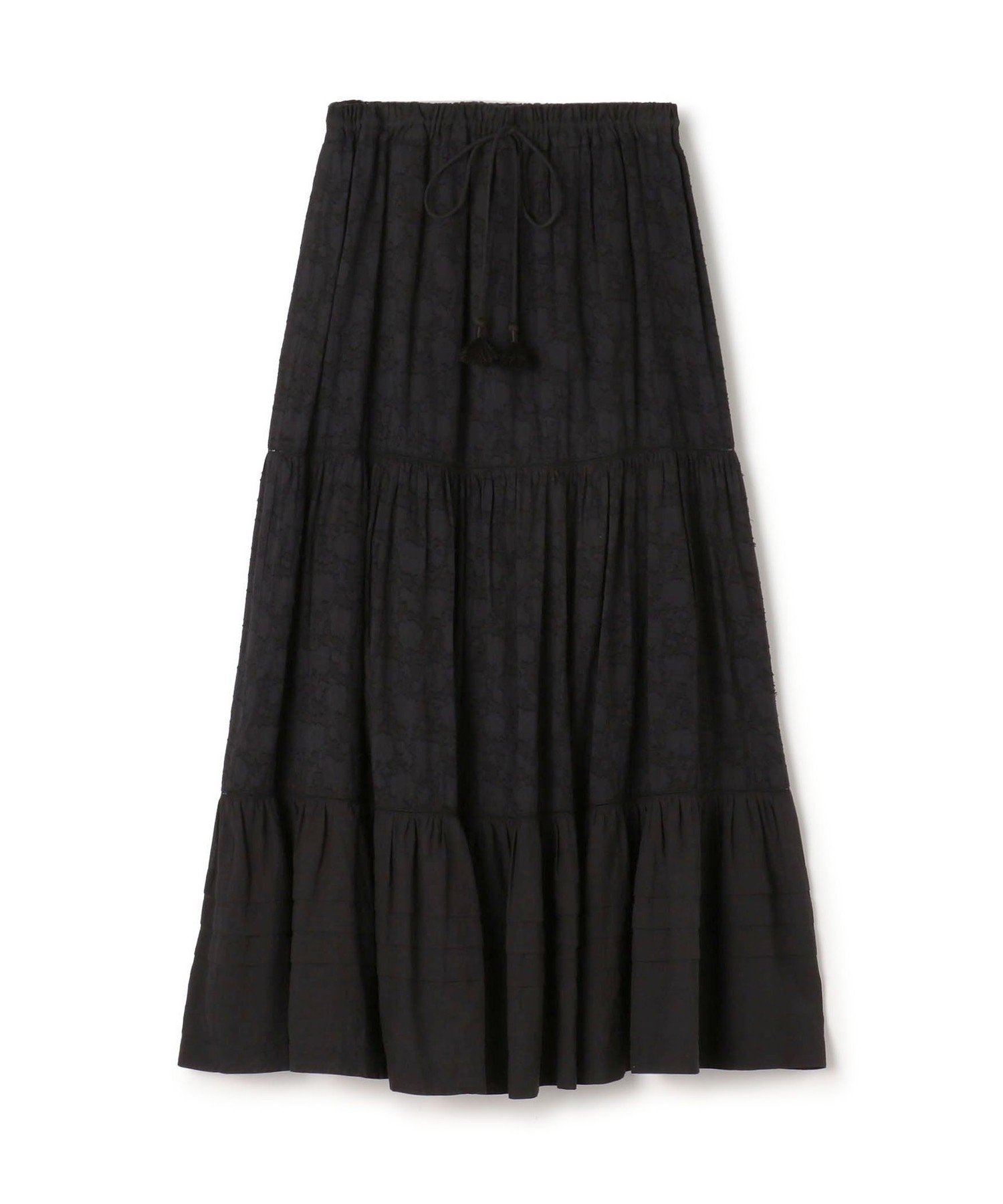 【トゥモローランド/TOMORROWLAND】のコットンカットジャカードコンビ ティアードマキシスカート インテリア・キッズ・メンズ・レディースファッション・服の通販 founy(ファニー) 　ファッション　Fashion　レディースファッション　Fashion for Women　スカート　Skirts　カットソー　Cut and Sewn Top　キャミソール　Camisole, Spaghetti Strap Top　ギャザー　Gathered, Ruffled　ジャカード／ジャガード　Jacquard, Woven Pattern　フェミニン　Feminine, Girly　フリンジ　Fringe, Tassel　18 ブラック系|ID: prp329100004830884 ipo3291000000035167992