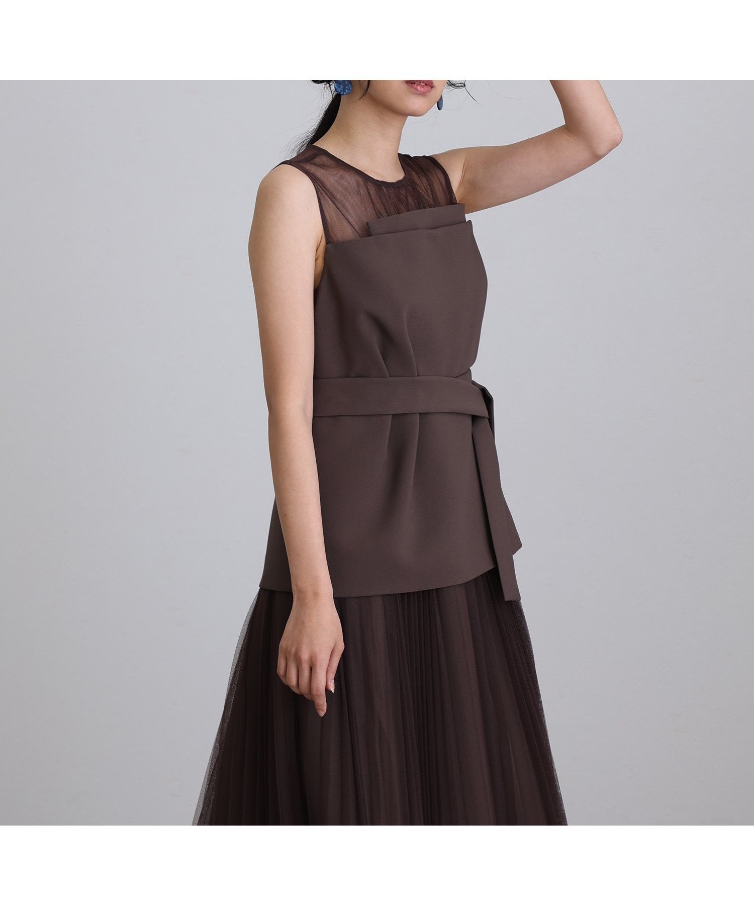 【プールヴー/PourVous】のビスチェ風ドレス結婚式オケージョンドレス同窓会パーティードレスお呼ばれ インテリア・キッズ・メンズ・レディースファッション・服の通販 founy(ファニー) 　ファッション　Fashion　レディースファッション　Fashion for Women　トップス・カットソー　Cut & Sew Tops　ビスチェ　Bustiers & Corset Tops / Layered Bustier Style　ワンピース　Dresses　フォーマル・パーティードレス・結婚式用ドレス　Elegant & Casual Dresses　シアー　Sheer, See-Through　デコルテ　Décolleté, Neckline　ドレス　Dress, One-Piece　ノースリーブ　Sleeveless, No-Sleeve　ビスチェ　Bustier, Corset Top　プリーツ　Pleats, Pleated　おすすめ　Recommended / Our Picks　エレガント 上品　Elegant　セレモニー　Ceremony　結婚式　Wedding　二次会　After Party　ブラウン|ID: prp329100004830920 ipo3291000000035168599