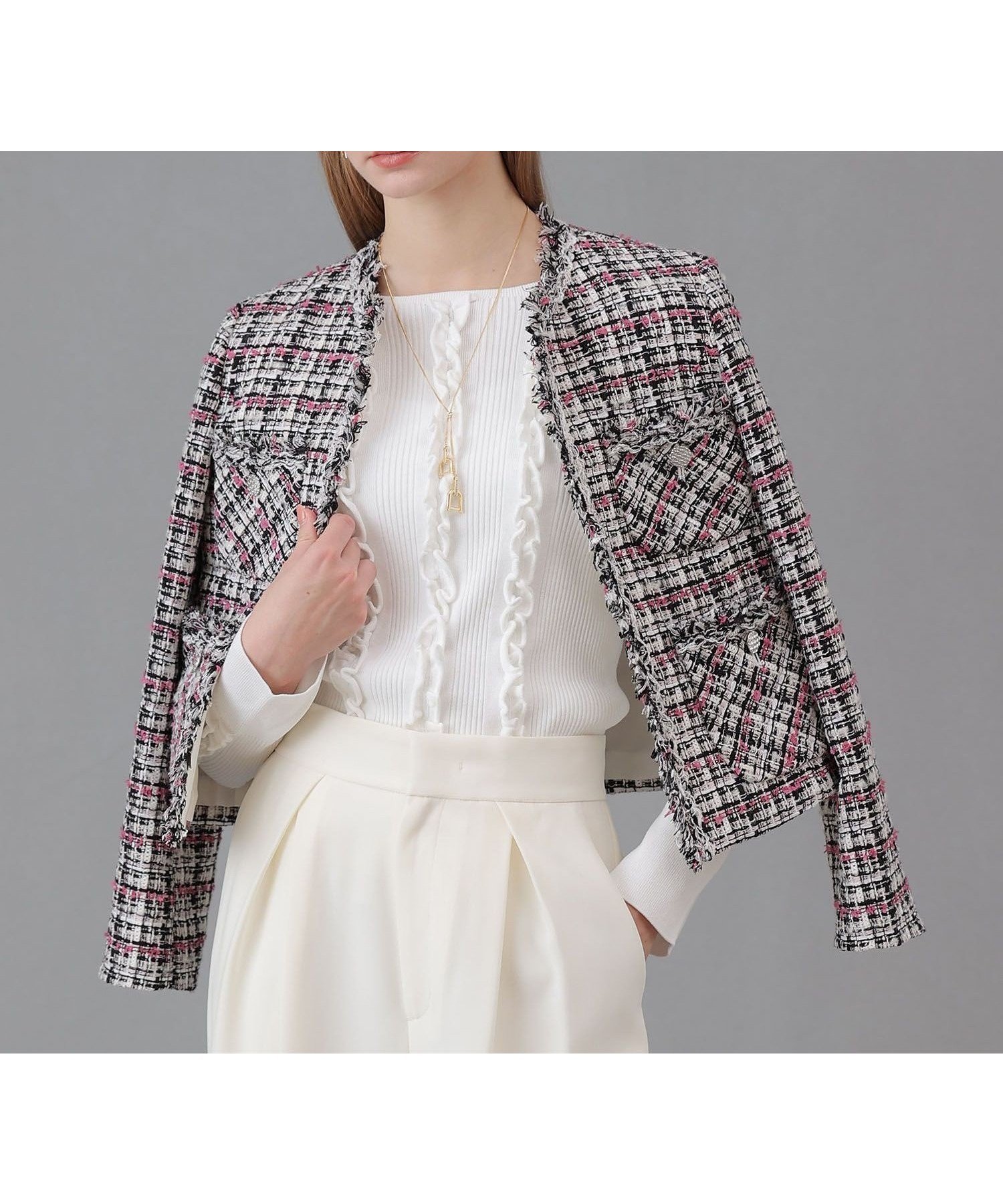 【アナイ/ANAYI】のピンクミックスツイード4ポケットジャケット インテリア・キッズ・メンズ・レディースファッション・服の通販 founy(ファニー) 　ファッション　Fashion　レディースファッション　Fashion for Women　アウター　Coat / Outerwear Collection　レディースジャケット・軽アウター　Jackets　コンパクト　Compact, Small Size　シルバー　Silver, Metallic Silver　ジャケット　Jacket, Outerwear　スマート　Smart, Elegant　ツイード　Twill, Twill Weave　フリンジ　Fringe, Tassel　ブレード　Braid, Decorative Trim　ポケット　Pocket, Pocket Detail　A/W・秋冬　Autumn/Winter　再入荷　Restock / Back in Stock　pink|ID: prp329100004830924 ipo3291000000035168636