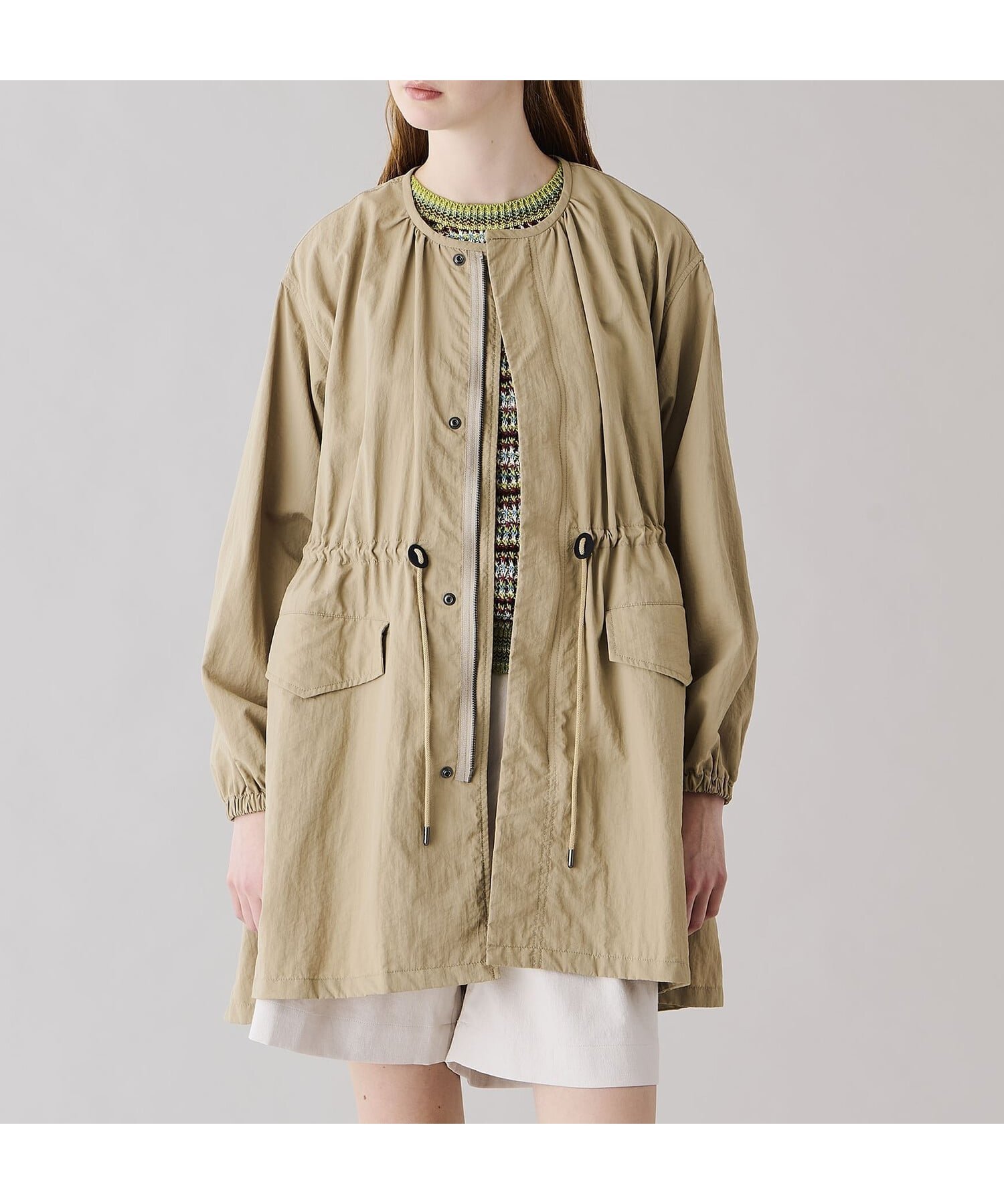 【ビショップ/Bshop】のナイロン ノーカラーコート WOMEN インテリア・キッズ・メンズ・レディースファッション・服の通販 founy(ファニー) 　ファッション　Fashion　レディースファッション　Fashion for Women　アウター　Coat / Outerwear Collection　コート・ロングコート・ピーコート　Long Coats, Peacoats & More　ギャザー　Gathered, Ruffled　テクスチャー　Texture, Textured Fabric　フラップ　Flap, Flap Pocket　フランス　France, French　ポケット　Pocket, Pocket Detail　リアル　Real, Realistic　軽量　Lightweight, Ultra Light　BEIGE|ID: prp329100004830944 ipo3291000000035169087