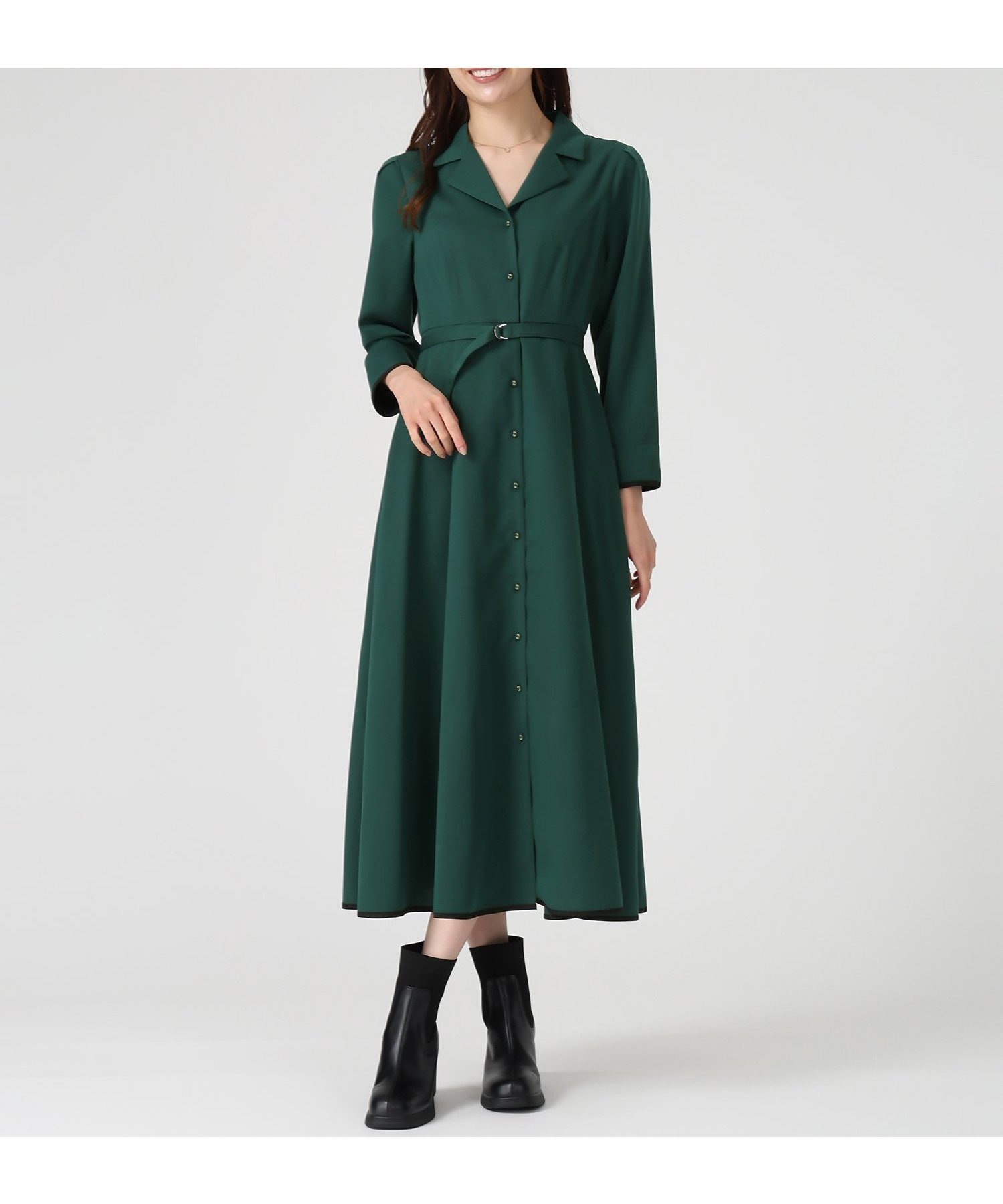 【ミッシュマッシュ/MISCH MASCH】のMM547415 テーラー襟配色ワンピース インテリア・キッズ・メンズ・レディースファッション・服の通販 founy(ファニー) 　ファッション　Fashion　レディースファッション　Fashion for Women　ワンピース　Dresses　クラシカル　Classical, Vintage-Inspired　シャーリング　Shirring, Ruched　ロング　Long, Long-Length　グリーン|ID: prp329100004830974 ipo3291000000035169970