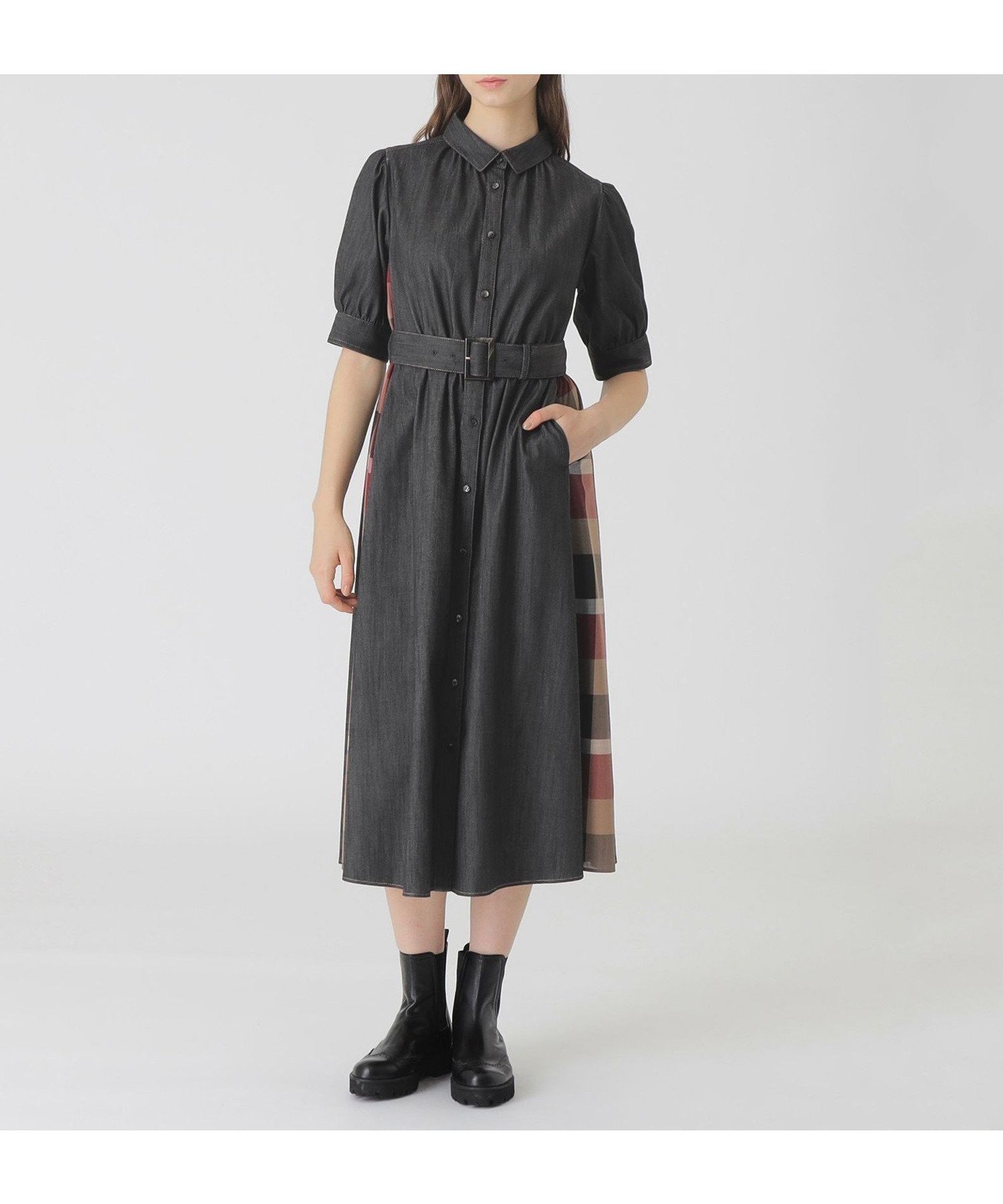 【ブルーレーベル クレストブリッジ/BLUE LABEL CRESTBRIDGE】のデニムライクパーシャルチェックドレス 人気、トレンドファッション・服の通販 founy(ファニー) 　ファッション　Fashion　レディースファッション　Fashion for Women　ワンピース　Dresses　フォーマル・パーティードレス・結婚式用ドレス　Elegant & Casual Dresses　ドレス　Dress, One-Piece　フィット　Fit, Slim Fit　フレア　Flare, Flared　エレガント 上品　Elegant　 other-1|ID: prp329100004830992 ipo3291000000035170498