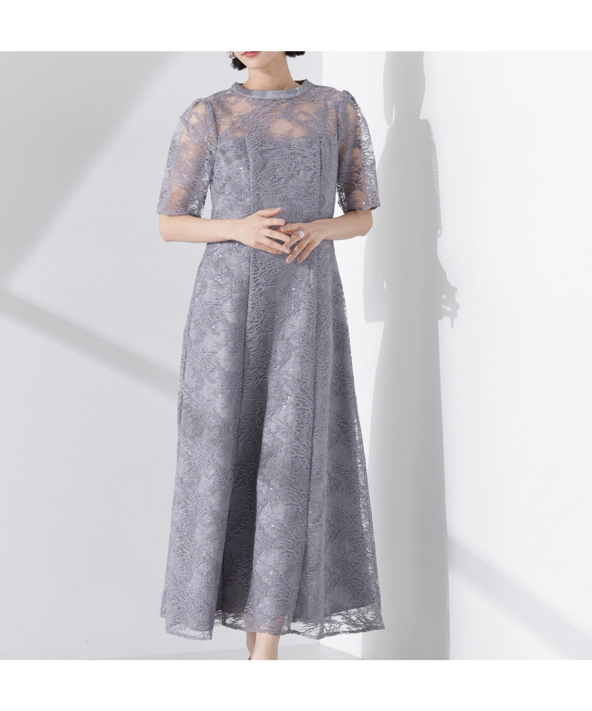 【ナノ ユニバース/nano universe】のkaene/シャイニーエンブロイダリーレースドレス インテリア・キッズ・メンズ・レディースファッション・服の通販 founy(ファニー) 　ファッション　Fashion　レディースファッション　Fashion for Women　ワンピース　Dresses　フォーマル・パーティードレス・結婚式用ドレス　Elegant & Casual Dresses　イエロー　Yellow　エレガント 上品　Elegant　春　Spring　サテン　Satin, Glossy Fabric　ショール　Shawl, Wrap　スパンコール　Sequins, Sequin Embellishment　ドレス　Dress, One-Piece　フィット　Fit, Slim Fit　フレア　Flare, Flared　ボレロ　Bolero, Short Cardigan　半袖　Short Sleeve, Half Sleeve　ラグジュアリー　Luxury, Elegant　レース　Lace, Lace Fabric　S/S・春夏　SS, Spring/Summer, Warm Season　おすすめ　Recommended / Our Picks　夏　Summer　結婚式　Wedding　二次会　After Party　2025年　2025　2025春夏・S/S　Spring/Summer 2025 SS25　グレー|ID: prp329100004831002 ipo3291000000035170730