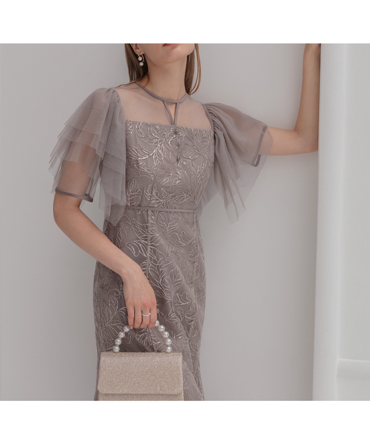 【レジャ/Leja】のLEJA-チュールスリーブボタニカルマーメイドワンピースドレス結婚式レディース インテリア・キッズ・メンズ・レディースファッション・服の通販 founy(ファニー) 　ファッション　Fashion　レディースファッション　Fashion for Women　ワンピース　Dresses　フォーマル・パーティードレス・結婚式用ドレス　Elegant & Casual Dresses　結婚式　Wedding　GRAY|ID: prp329100004831054 ipo3291000000035171782