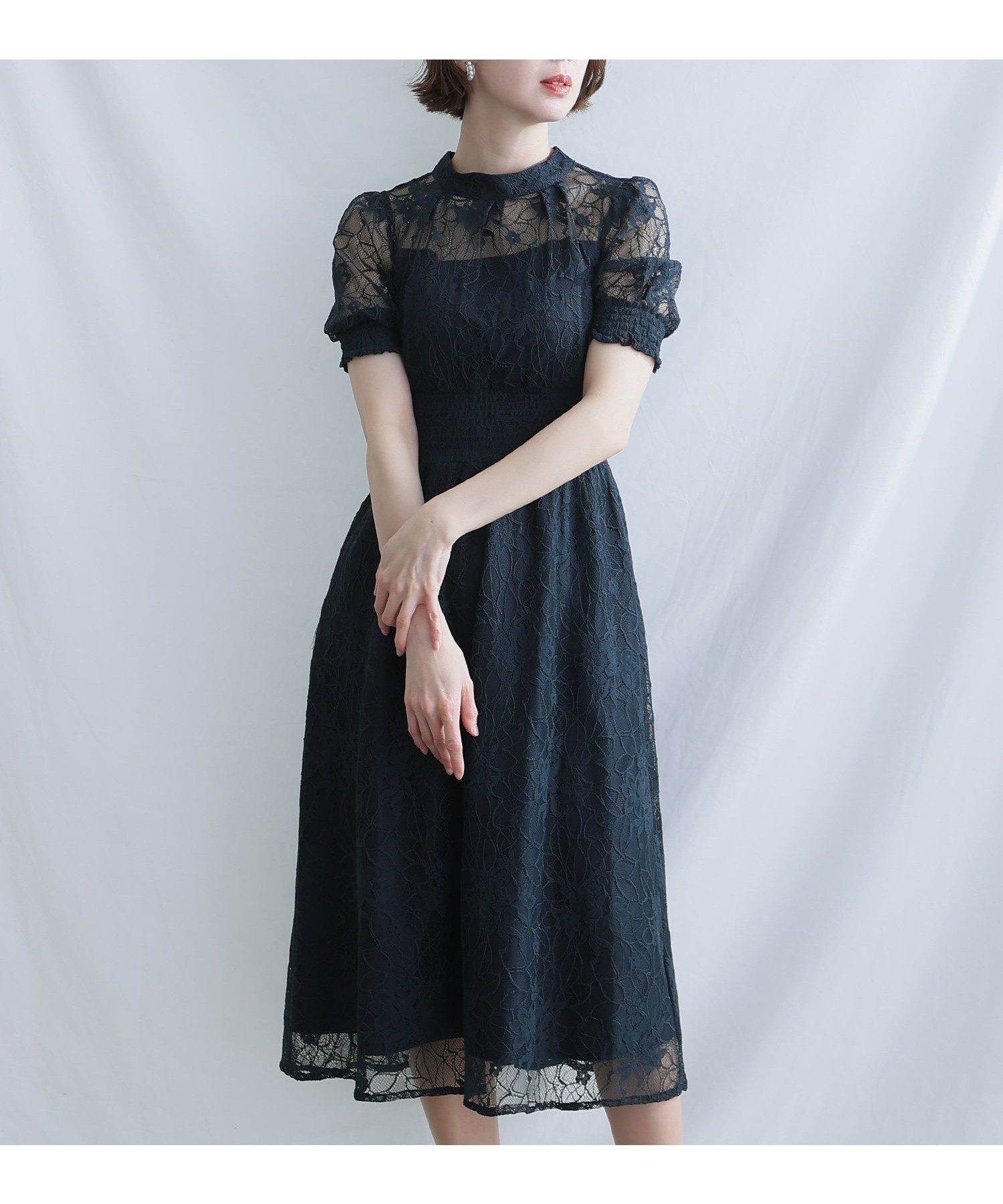 【プールヴー/PourVous】のバックリボンシャーリング結婚式オケージョンドレス同窓会パーティードレスお呼ばれ インテリア・キッズ・メンズ・レディースファッション・服の通販 founy(ファニー) 　ファッション　Fashion　レディースファッション　Fashion for Women　ワンピース　Dresses　フォーマル・パーティードレス・結婚式用ドレス　Elegant & Casual Dresses　オケージョン　Occasion Wear　シャーリング　Shirring, Ruched　デコルテ　Décolleté, Neckline　ドレス　Dress, One-Piece　フェミニン　Feminine, Girly　リボン　Ribbon, Bow　レース　Lace, Lace Fabric　おすすめ　Recommended / Our Picks　セレモニー　Ceremony　結婚式　Wedding　二次会　After Party　ネイビー|ID: prp329100004831055 ipo3291000000035171789