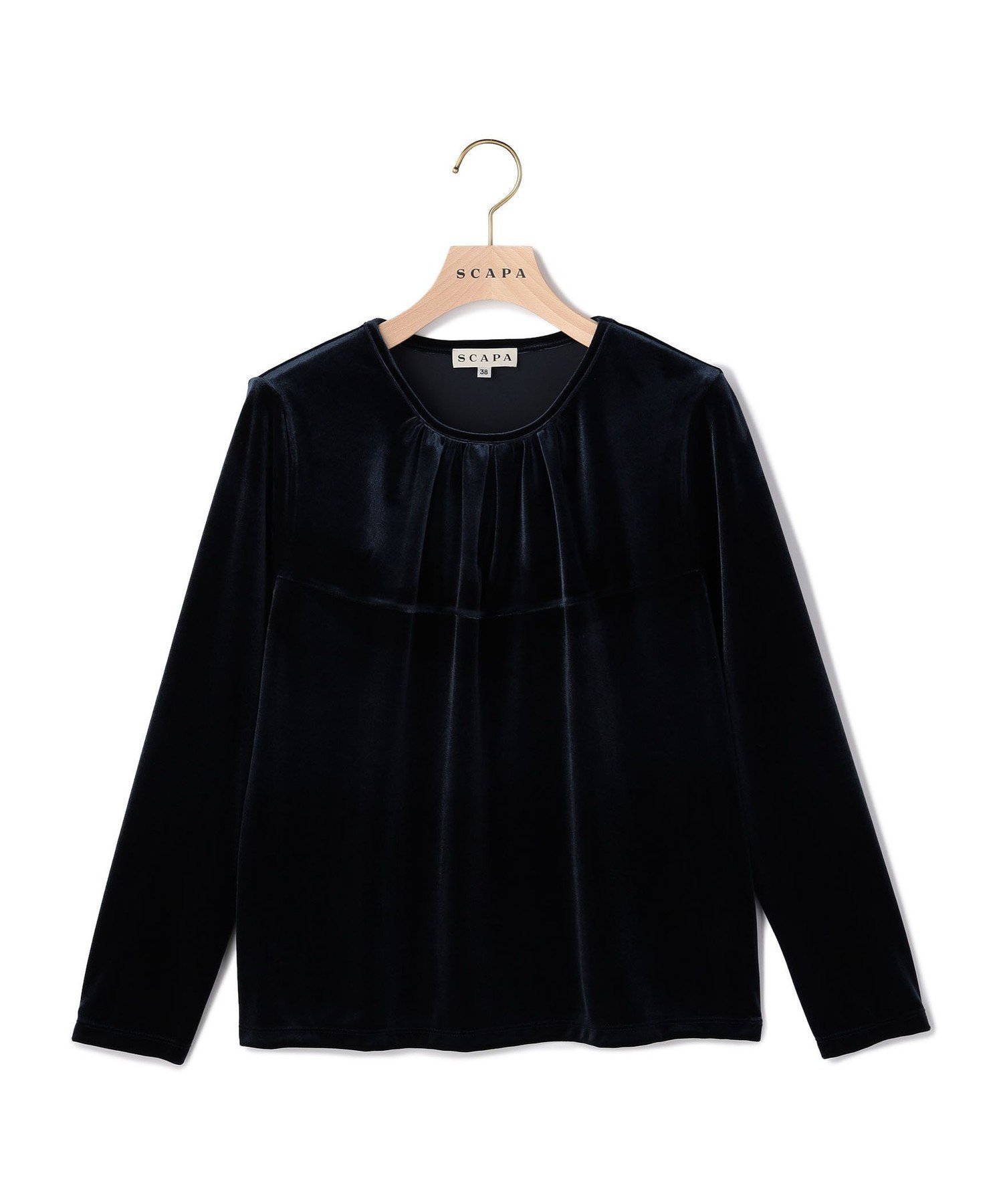 【スキャパ/SCAPA】のストレッチベロアカットソー インテリア・キッズ・メンズ・レディースファッション・服の通販 founy(ファニー) 　ファッション　Fashion　レディースファッション　Fashion for Women　トップス・カットソー　Cut & Sew Tops　カットソー・ベーシックTシャツ　Cut-and-Sewn Tops / Stretch Tees & Basics　ベロアトップス　Velour Tops / Velvet-Look Items　エレガント 上品　Elegant　カットソー　Cut and Sewn Top　シンプル　Simple, Minimal　ストレッチ　Stretch, Stretchy Fabric　ドレープ　Drape, Draping Fabric　フィット　Fit, Slim Fit　フェミニン　Feminine, Girly　フロント　Front, Front Design　ベロア　Velour, Soft Velvet　ボトム　Bottoms, Lower Wear　長袖　Long Sleeve, Full Sleeve　ネイビー|ID: prp329100004831170 ipo3291000000035173842