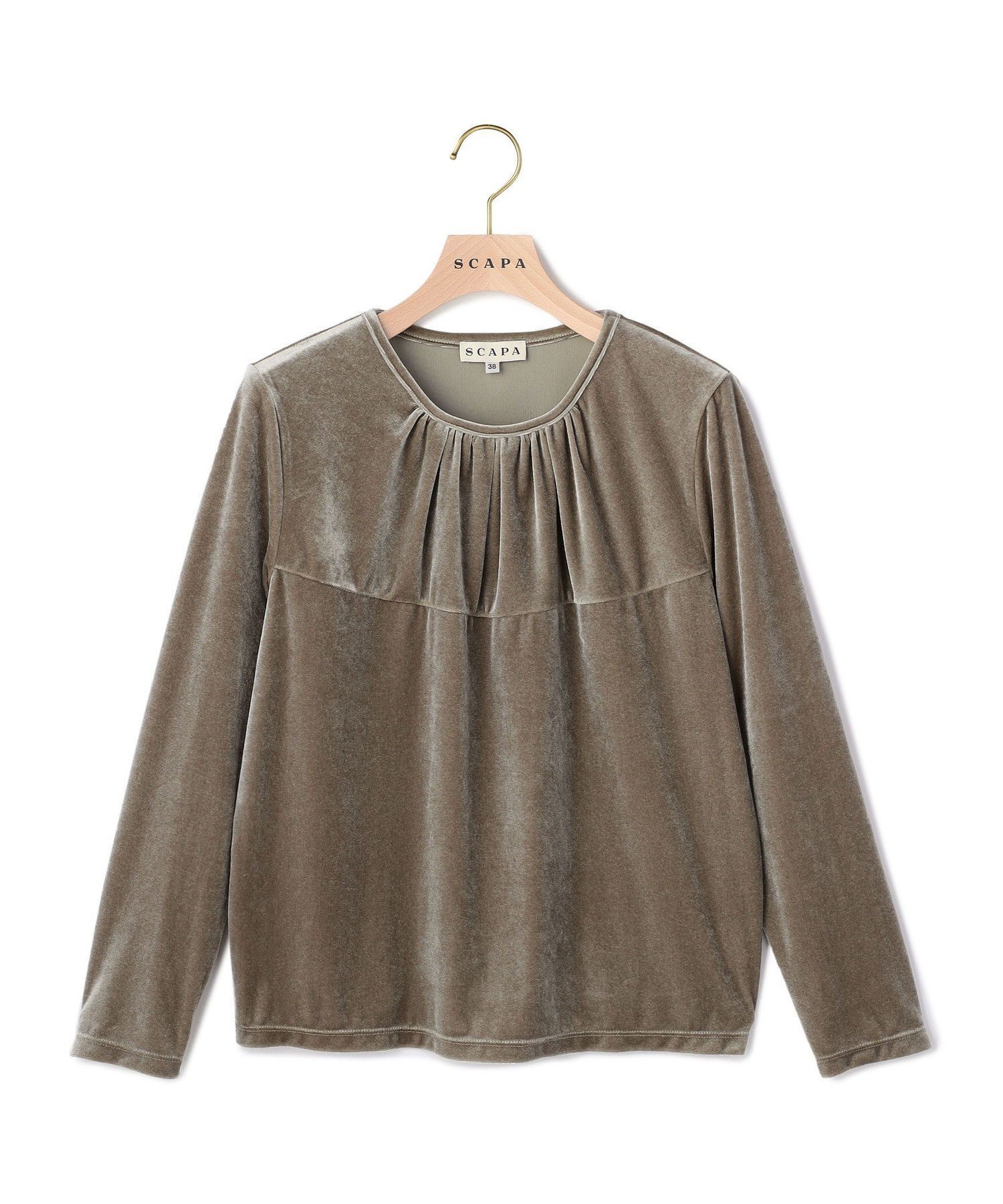 【スキャパ/SCAPA】のストレッチベロアカットソー インテリア・キッズ・メンズ・レディースファッション・服の通販 founy(ファニー) 　ファッション　Fashion　レディースファッション　Fashion for Women　トップス・カットソー　Cut & Sew Tops　カットソー・ベーシックTシャツ　Cut-and-Sewn Tops / Stretch Tees & Basics　ベロアトップス　Velour Tops / Velvet-Look Items　エレガント 上品　Elegant　カットソー　Cut and Sewn Top　シンプル　Simple, Minimal　ストレッチ　Stretch, Stretchy Fabric　ドレープ　Drape, Draping Fabric　フィット　Fit, Slim Fit　フェミニン　Feminine, Girly　フロント　Front, Front Design　ベロア　Velour, Soft Velvet　ボトム　Bottoms, Lower Wear　長袖　Long Sleeve, Full Sleeve　ベージュ|ID: prp329100004831170 ipo3291000000035173845