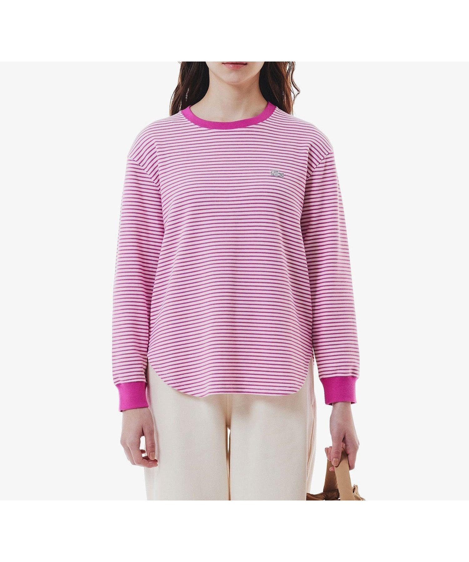 【ラコステ/LACOSTE】のワッフルボーダーTシャツ インテリア・キッズ・メンズ・レディースファッション・服の通販 founy(ファニー) 　ファッション　Fashion　レディースファッション　Fashion for Women　トップス・カットソー　Cut & Sew Tops　シャツ・ブラウス・オフィスカジュアル　Elegant Blouses & Button-Ups　ロングTシャツ・Tシャツ　Longline T-Shirts & Tees　パターン　Pattern, Design Print　ボーダー　Border, Stripe　リラックス　Relax, Relaxed Fit　ワッフル　Waffle, Waffle Knit　夏　Summer　春　Spring　S/S・春夏　SS, Spring/Summer, Warm Season　ピンク|ID: prp329100004831183 ipo3291000000035174053