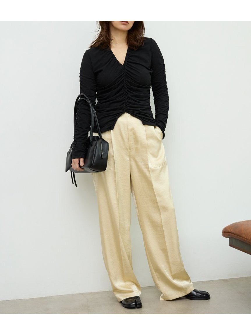 【ミースロエ/MIESROHE】のワークディテールサテンパンツ インテリア・キッズ・メンズ・レディースファッション・服の通販 founy(ファニー) 　ファッション　Fashion　レディースファッション　Fashion for Women　パンツ　Pants & Trousers　サテン　Satin, Glossy Fabric　ストレート　Straight, Straight Cut　スマート　Smart, Elegant　フロント　Front, Front Design　ポケット　Pocket, Pocket Detail　ワイド　Wide, Wide Fit　エレガント 上品　Elegant　YEL[032]|ID: prp329100004831390 ipo3291000000035176457