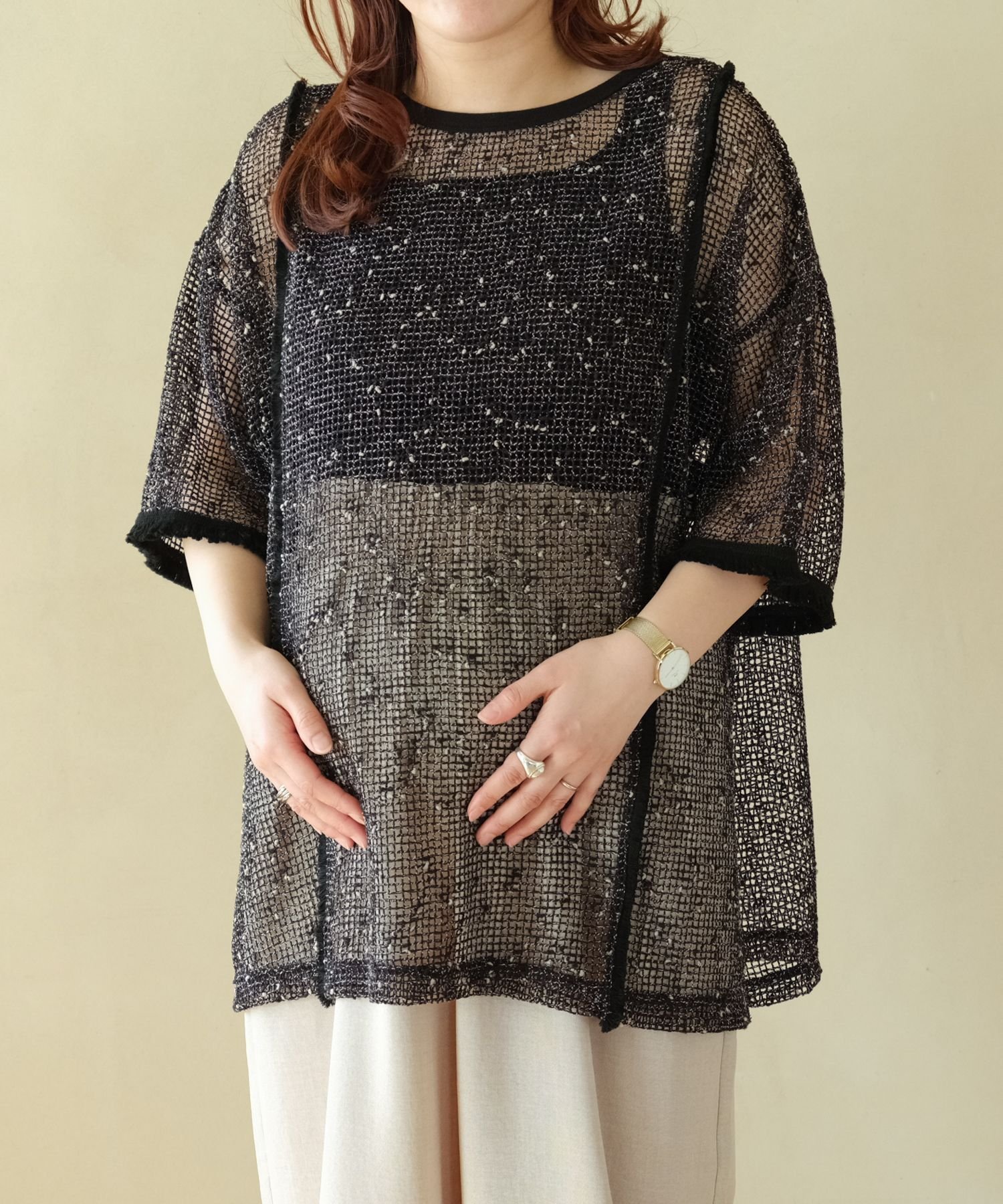 【レプシィム ローリーズファーム/LEPSIM LOWRYS FARM】の【産前・産後対応】マタニティ/メッシュフリンジ5分袖プルオーバー インテリア・キッズ・メンズ・レディースファッション・服の通販 founy(ファニー) ファッション Fashion キッズファッション Fashion for Kids トップス・カットソー Cut & Sew Tops トレンド Trend, Trending Now メッシュ Mesh, Net Fabric 夏 Summer ブラック09|ID: prp329100004831445 ipo3291000000035176930