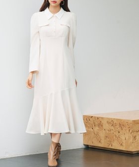 【セゾンドパピヨン/SAISON DE PAPILLON】のドッキングイートンカラーのマーメイドロングワンピース 人気、トレンドファッション・服の通販 founy(ファニー) ファッション Fashion レディースファッション Fashion for Women ワンピース Dresses イレギュラーヘム Irregular Hem シャーリング Shirring, Ruched ショルダー Shoulder, Shoulder Strap トレンド Trend, Trending Now フラット Flat, Flat Shoes フラップ Flap, Flap Pocket マーメイド Mermaid, Fishtail Silhouette エレガント 上品 Elegant |ID:prp329100004831517