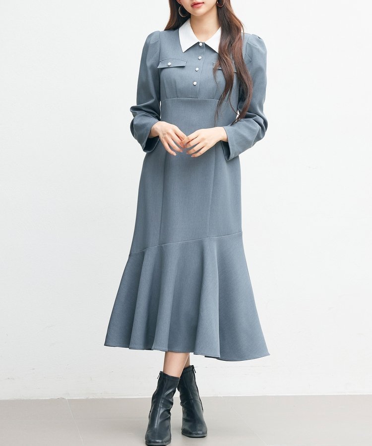 【セゾンドパピヨン/SAISON DE PAPILLON】のドッキングイートンカラーのマーメイドロングワンピース インテリア・キッズ・メンズ・レディースファッション・服の通販 founy(ファニー) ファッション Fashion レディースファッション Fashion for Women ワンピース Dresses イレギュラーヘム Irregular Hem シャーリング Shirring, Ruched ショルダー Shoulder, Shoulder Strap トレンド Trend, Trending Now フラット Flat, Flat Shoes フラップ Flap, Flap Pocket マーメイド Mermaid, Fishtail Silhouette エレガント 上品 Elegant チャコール|ID: prp329100004831517 ipo3291000000035177550