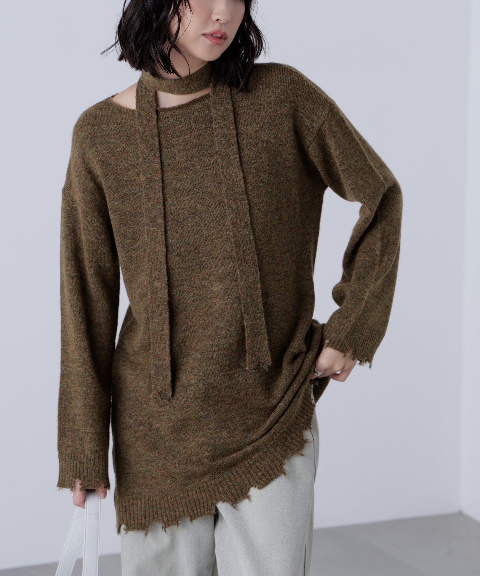 【フリーズマート/FREE'S MART】のモヘヤ混タイ付きルーズミニワンピース インテリア・キッズ・メンズ・レディースファッション・服の通販 founy(ファニー) 　ファッション　Fashion　レディースファッション　Fashion for Women　ワンピース　Dresses　おすすめ　Recommended / Our Picks　シェイプ　Shape, Slim Fit　スリーブ　Sleeve, Long Sleeve / Short Sleeve　ダメージ　Distressed, Destroyed　デニム　Denim, Jeans Material　トレンド　Trend, Trending Now　ロング　Long, Long-Length　カーキ|ID: prp329100004831547 ipo3291000000035178086