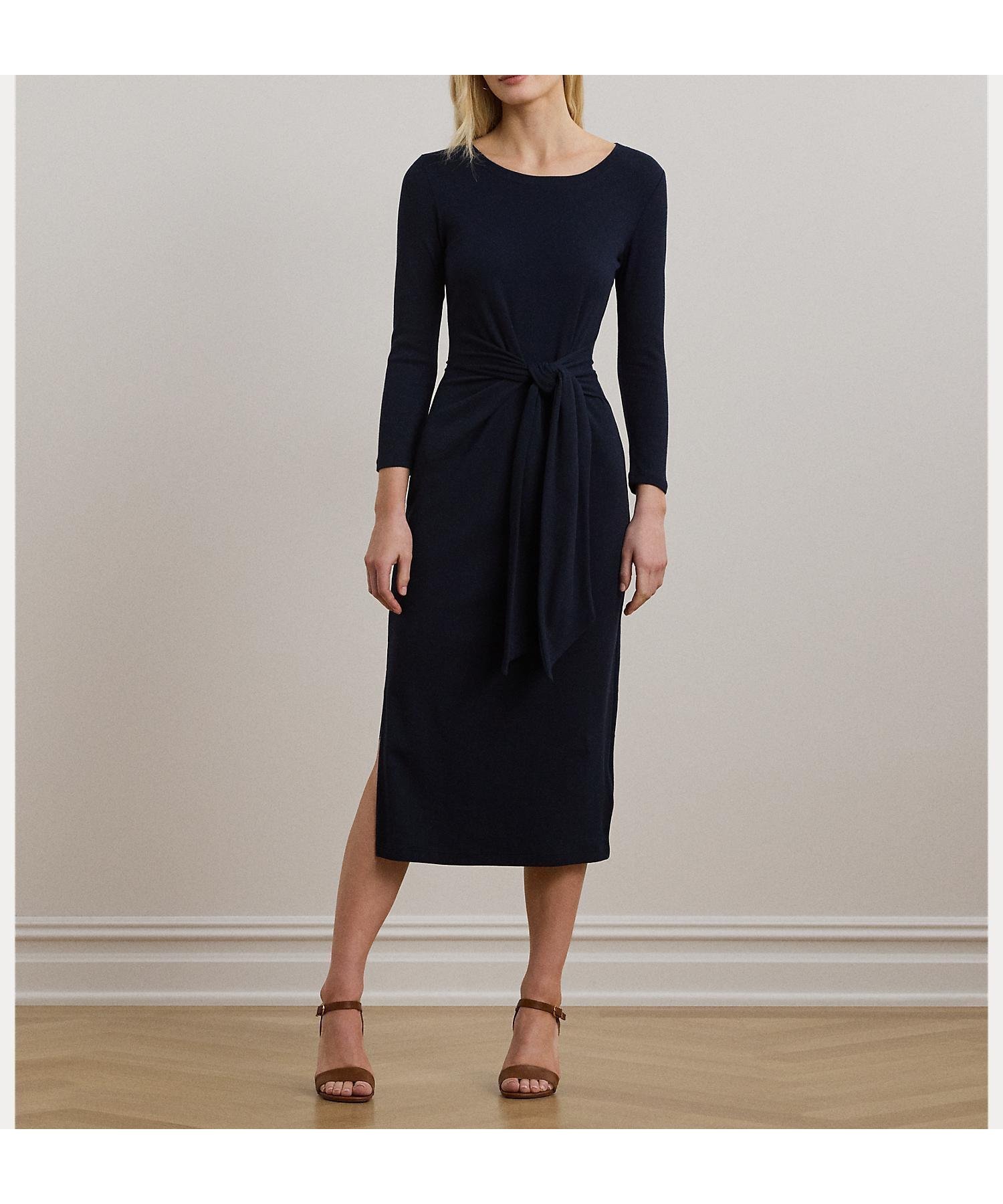 【ラルフローレン/RALPH LAUREN】のタイフロント コットンブレンド クルーネック ドレス 人気、トレンドファッション・服の通販 founy(ファニー) 　ファッション　Fashion　レディースファッション　Fashion for Women　ワンピース　Dresses　フォーマル・パーティードレス・結婚式用ドレス　Elegant & Casual Dresses　ストレッチ　Stretch, Stretchy Fabric　スリット　Slit, Slit Detail　スリム　Slim, Slim Fit　ドレス　Dress, One-Piece　フィット　Fit, Slim Fit　フレア　Flare, Flared　フロント　Front, Front Design　リブニット　Rib Knit, Ribbed Knit　リボン　Ribbon, Bow　長袖　Long Sleeve, Full Sleeve　 other-1|ID: prp329100004831637 ipo3291000000035179353