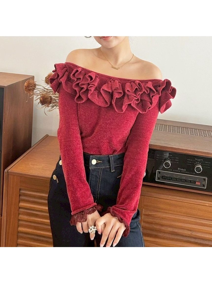 【リリーブラウン/Lily Brown】のモールフリルニットトップス インテリア・キッズ・メンズ・レディースファッション・服の通販 founy(ファニー) 　雑誌掲載アイテム　Magazine Picks & Fashion Features　ファッション雑誌　Fashion Magazines　スウィート　Sweet　キャンキャン　CanCam　ファッション　Fashion　レディースファッション　Fashion for Women　トップス・カットソー　Cut & Sew Tops　ニット　Knit Tops & Sweaters　11月号　November Issue　12月号　December Issue　スマート　Smart, Elegant　デコルテ　Décolleté, Neckline　ドッキング　Docking, Mixed Material　フェミニン　Feminine, Girly　フリル　Frill, Ruffle　フロント　Front, Front Design　レース　Lace, Lace Fabric　雑誌　Magazine, Fashion Magazine　RED[046]|ID: prp329100004831686 ipo3291000000035179909