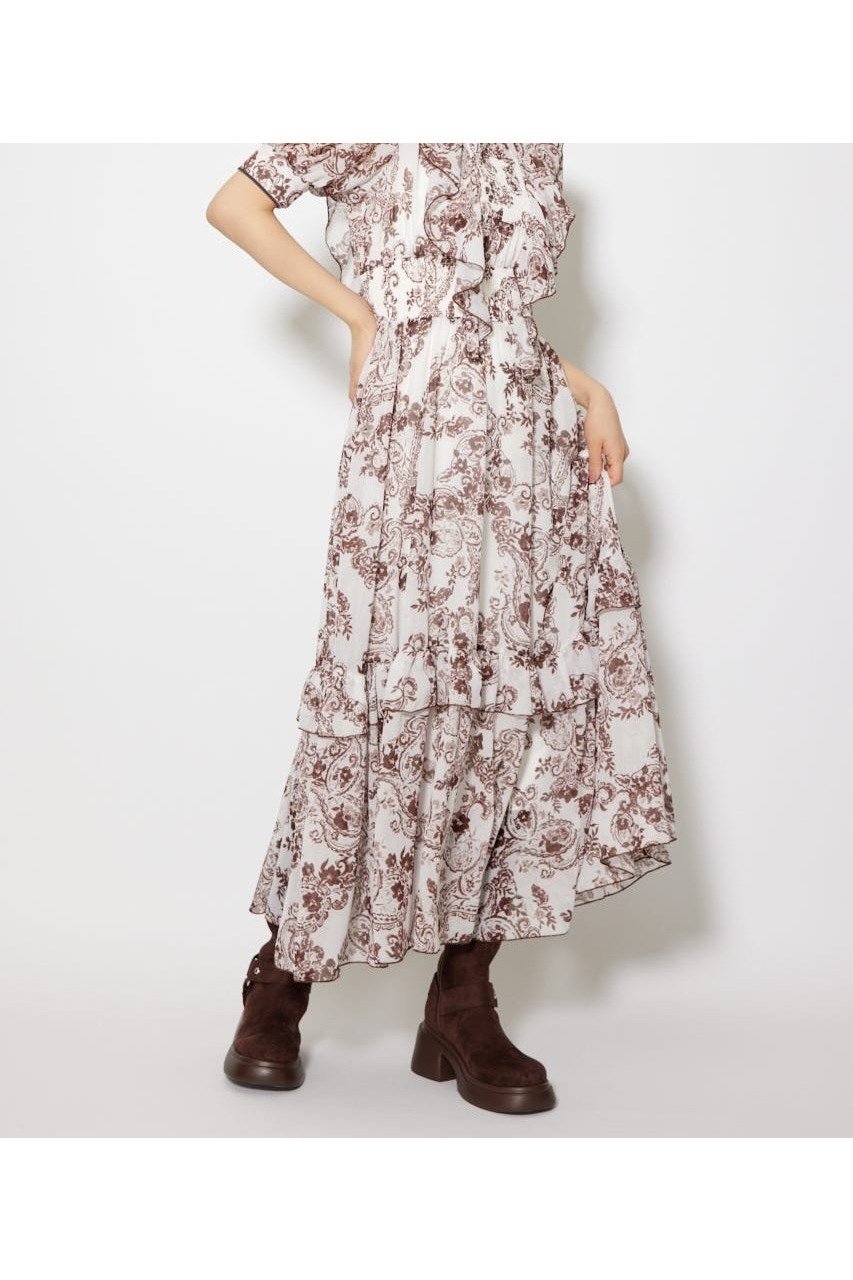 【リエンダ/rienda】のフロントロングフリルマルチパターンワンピース 人気、トレンドファッション・服の通販 founy(ファニー) 　ファッション　Fashion　レディースファッション　Fashion for Women　ワンピース　Dresses　エレガント 上品　Elegant　ギャザー　Gathered, Ruffled　シャーリング　Shirring, Ruched　スリーブ　Sleeve, Long Sleeve / Short Sleeve　チェーン　Chain, Chain Strap　チュール　Tulip, Tulip Motif　フェミニン　Feminine, Girly　フレア　Flare, Flared　フロント　Front, Front Design　再入荷　Restock / Back in Stock　 other-1|ID: prp329100004831727 ipo3291000000035180446