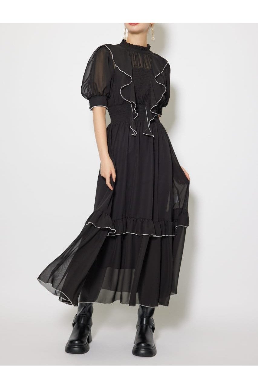 【リエンダ/rienda】のフロントロングフリルマルチパターンワンピース インテリア・キッズ・メンズ・レディースファッション・服の通販 founy(ファニー) 　ファッション　Fashion　レディースファッション　Fashion for Women　ワンピース　Dresses　エレガント 上品　Elegant　ギャザー　Gathered, Ruffled　シャーリング　Shirring, Ruched　スリーブ　Sleeve, Long Sleeve / Short Sleeve　チェーン　Chain, Chain Strap　チュール　Tulip, Tulip Motif　フェミニン　Feminine, Girly　フレア　Flare, Flared　フロント　Front, Front Design　再入荷　Restock / Back in Stock　BLK|ID: prp329100004831727 ipo3291000000035180449