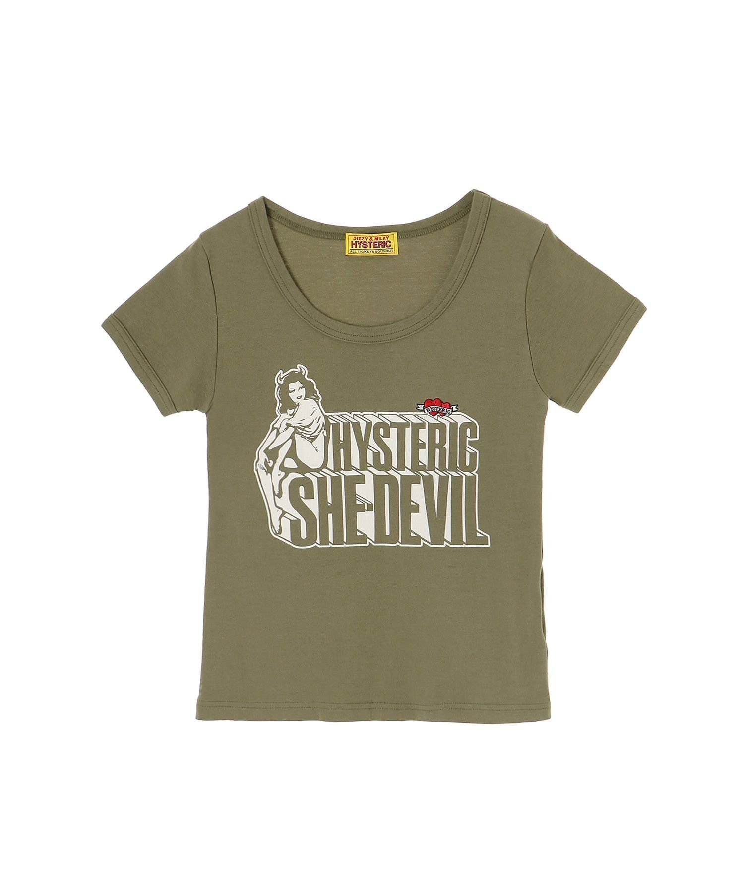 【ヒステリックグラマー/HYSTERIC GLAMOUR】のSHE DEVIL HEART刺繍 チビTシャツ インテリア・キッズ・メンズ・レディースファッション・服の通販 founy(ファニー) ファッション Fashion レディースファッション Fashion for Women トップス・カットソー Cut & Sew Tops シャツ・ブラウス・オフィスカジュアル Elegant Blouses & Button-Ups ロングTシャツ・Tシャツ Longline T-Shirts & Tees グラフィック Graphic, Graphic Design プリント Print, Printed Pattern リボン Ribbon, Bow カーキ|ID: prp329100004831820 ipo3291000000035181763