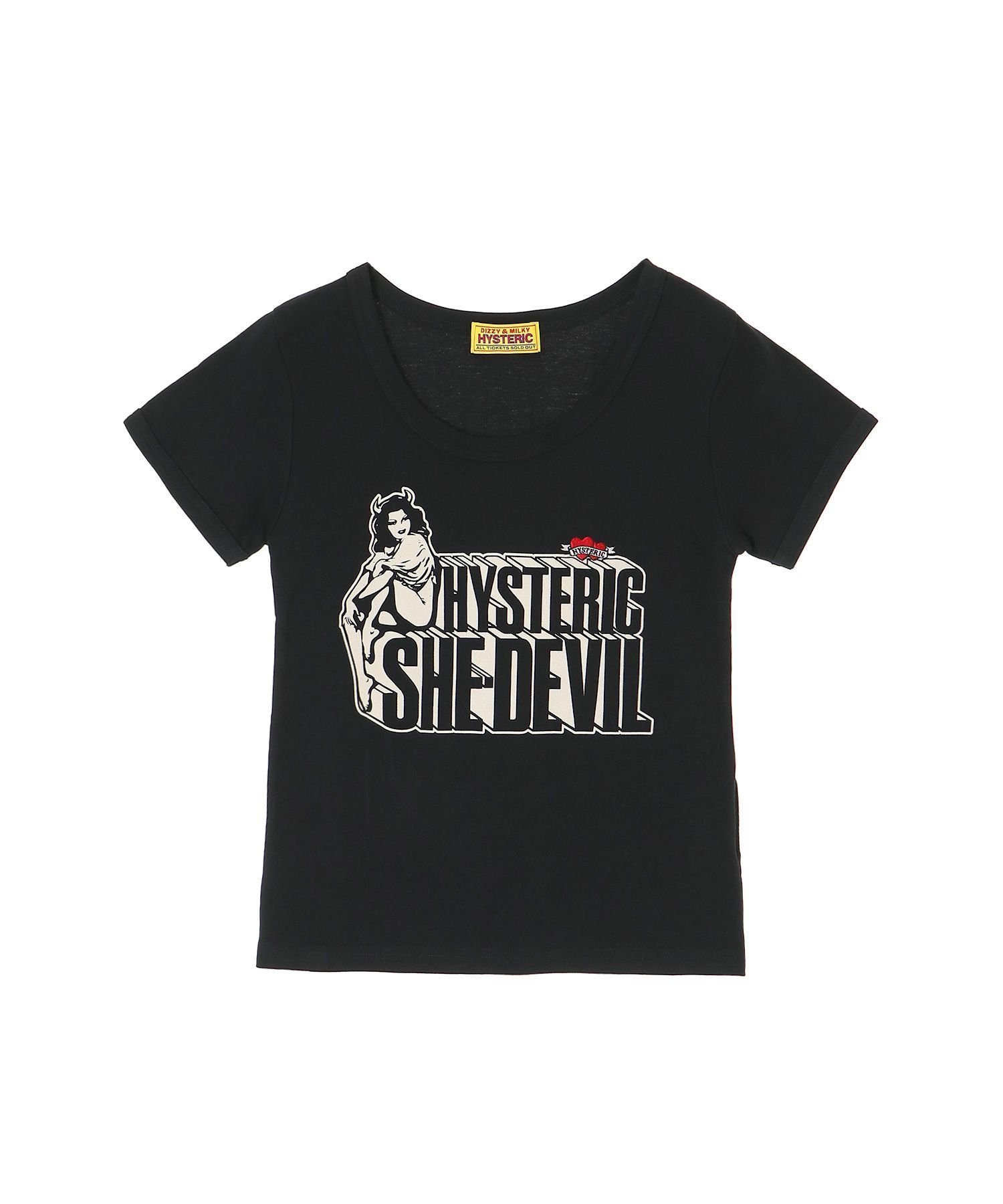 【ヒステリックグラマー/HYSTERIC GLAMOUR】のSHE DEVIL HEART刺繍 チビTシャツ インテリア・キッズ・メンズ・レディースファッション・服の通販 founy(ファニー) ファッション Fashion レディースファッション Fashion for Women トップス・カットソー Cut & Sew Tops シャツ・ブラウス・オフィスカジュアル Elegant Blouses & Button-Ups ロングTシャツ・Tシャツ Longline T-Shirts & Tees グラフィック Graphic, Graphic Design プリント Print, Printed Pattern リボン Ribbon, Bow ブラック|ID: prp329100004831820 ipo3291000000035181765