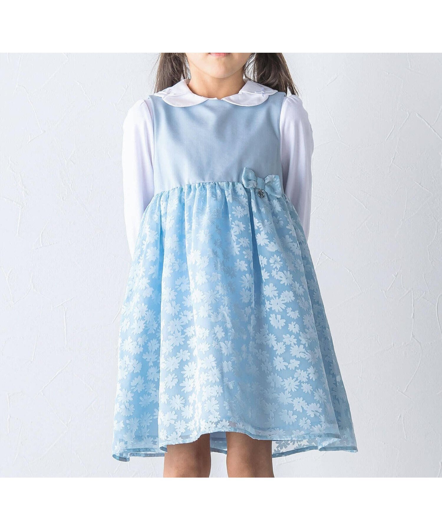 【ベベ オンライン ストア/BEBE ONLINE STORE / KIDS】の【日本製】シアー花柄切替ワンピース(110~130cm) インテリア・キッズ・メンズ・レディースファッション・服の通販 founy(ファニー) 　ファッション　Fashion　キッズファッション　Fashion for Kids　ワンピース　Dresses　シアー　Sheer, See-Through　シンプル　Simple, Minimal　セレモニー　Ceremony　フォーマル　Formal, Dressy　プリント　Print, Printed Pattern　ベーシック　Basic, Essential　リボン　Ribbon, Bow　ワンポイント　One Point, Statement Accent　エレガント 上品　Elegant　入学式　Entrance Ceremony　切替　Switching, Contrast Panel　日本製　Made In Japan　ブルー|ID: prp329100004832176 ipo3291000000035185309