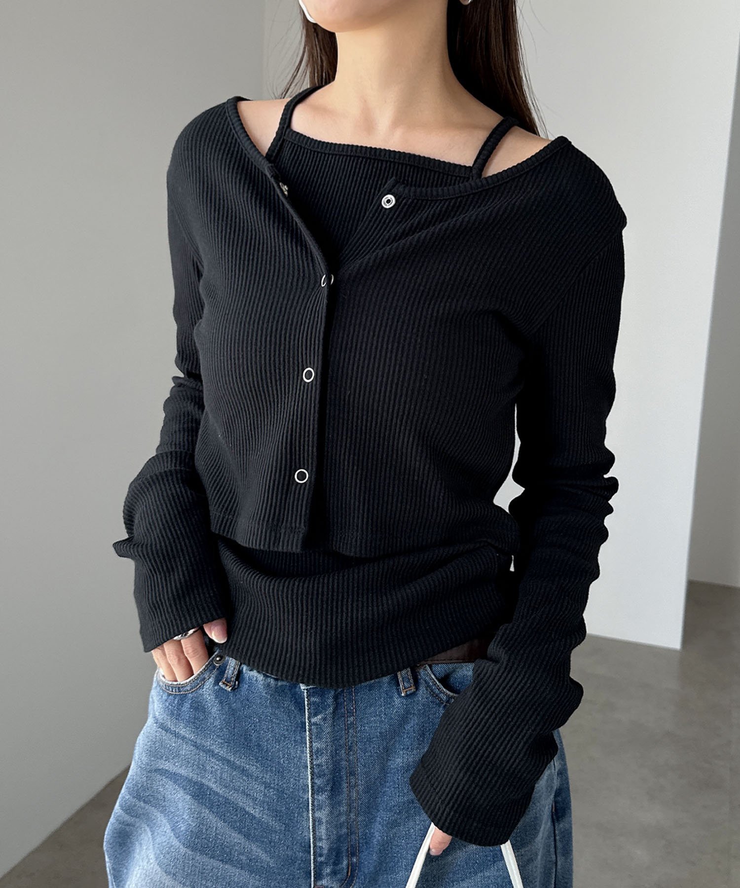 【アンドミー/andme】のマルチway テレコリブ トップス インテリア・キッズ・メンズ・レディースファッション・服の通販 founy(ファニー) 　ファッション　Fashion　レディースファッション　Fashion for Women　トップス・カットソー　Cut & Sew Tops　アメリカン　American Style　キャミソール　Camisole, Spaghetti Strap Top　ショート　Short, Short Length　シンプル　Simple, Minimal　スリーブ　Sleeve, Long Sleeve / Short Sleeve　トレンド　Trend, Trending Now　長袖　Long Sleeve, Full Sleeve　ブラック|ID: prp329100004832232 ipo3291000000035185914