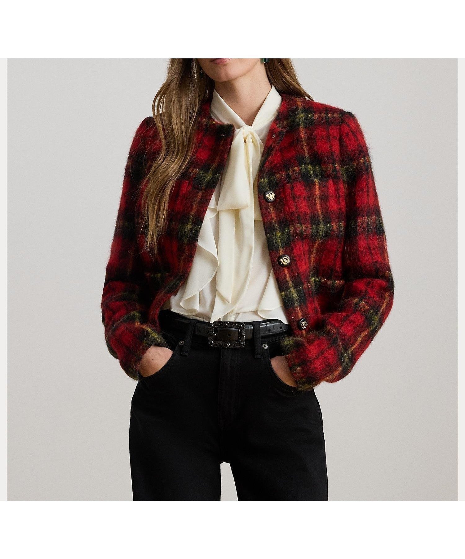 【ラルフローレン/RALPH LAUREN】のチェック モヘア クロップド ジャケット 人気、トレンドファッション・服の通販 founy(ファニー) 　ファッション　Fashion　レディースファッション　Fashion for Women　アウター　Coat / Outerwear Collection　レディースジャケット・軽アウター　Jackets　アクリル　Acrylic Material　クロップド　Cropped, Short Length　ショルダー　Shoulder, Shoulder Strap　ジャケット　Jacket, Outerwear　ストレート　Straight, Straight Cut　チェック　Check, Plaid, Tartan　パッチ　Patch, Appliqué　フィット　Fit, Slim Fit　フロント　Front, Front Design　ポケット　Pocket, Pocket Detail　ラウンド　Round, Round Neck　ラグジュアリー　Luxury, Elegant　長袖　Long Sleeve, Full Sleeve　 other-1|ID: prp329100004832368 ipo3291000000035187418