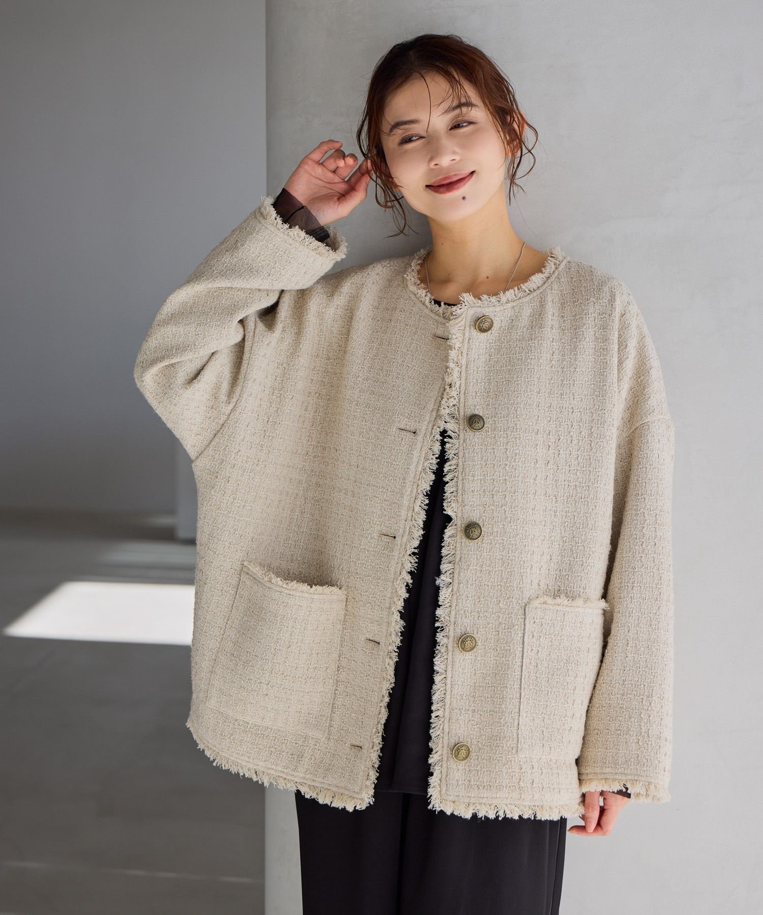 【スタディオ クリップ/studio CLIP】のドルマンツイードジャケット《オケージョン2026SS》 インテリア・キッズ・メンズ・レディースファッション・服の通販 founy(ファニー) 　ファッション　Fashion　レディースファッション　Fashion for Women　アウター　Coat / Outerwear Collection　レディースジャケット・軽アウター　Jackets　2026年　2026　おすすめ　Recommended / Our Picks　アンティーク　Antique-Inspired　オケージョン　Occasion Wear　カットソー　Cut and Sewn Top　クラシカル　Classical, Vintage-Inspired　ジャケット　Jacket, Outerwear　セレモニー　Ceremony　ツイード　Twill, Twill Weave　デニム　Denim, Jeans Material　トレンド　Trend, Trending Now　フォーマル　Formal, Dressy　フリンジ　Fringe, Tassel　フロント　Front, Front Design　入学式　Entrance Ceremony　卒業式　Graduation Ceremony　結婚式　Wedding　ライトベージュ56|ID: prp329100004832379 ipo3291000000035187549