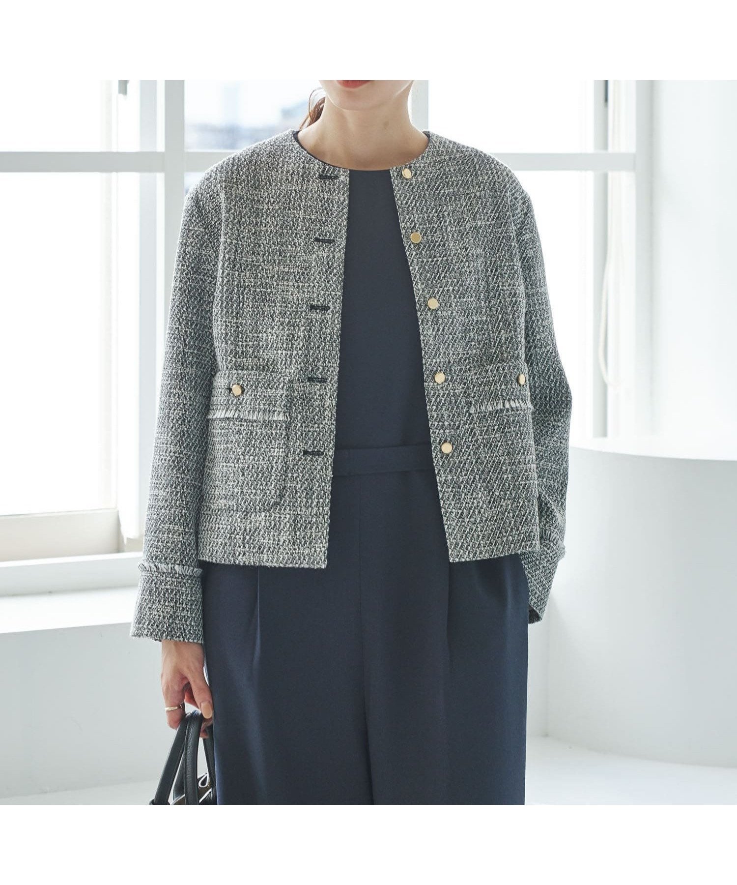 【アーバンリサーチ/URBAN RESEARCH】のノーカラーツイードジャケット インテリア・キッズ・メンズ・レディースファッション・服の通販 founy(ファニー) 　ファッション　Fashion　レディースファッション　Fashion for Women　アウター　Coat / Outerwear Collection　レディースジャケット・軽アウター　Jackets　インナー　Innerwear　コンパクト　Compact, Small Size　ジャケット　Jacket, Outerwear　ツイード　Twill, Twill Weave　デニム　Denim, Jeans Material　バランス　Balance, Style Balance　ベーシック　Basic, Essential　ミックス　Mix, Mixed Style　S/S・春夏　SS, Spring/Summer, Warm Season　夏　Summer　エレガント 上品　Elegant　2026年　2026　ブラック系その他|ID: prp329100004832422 ipo3291000000035188036